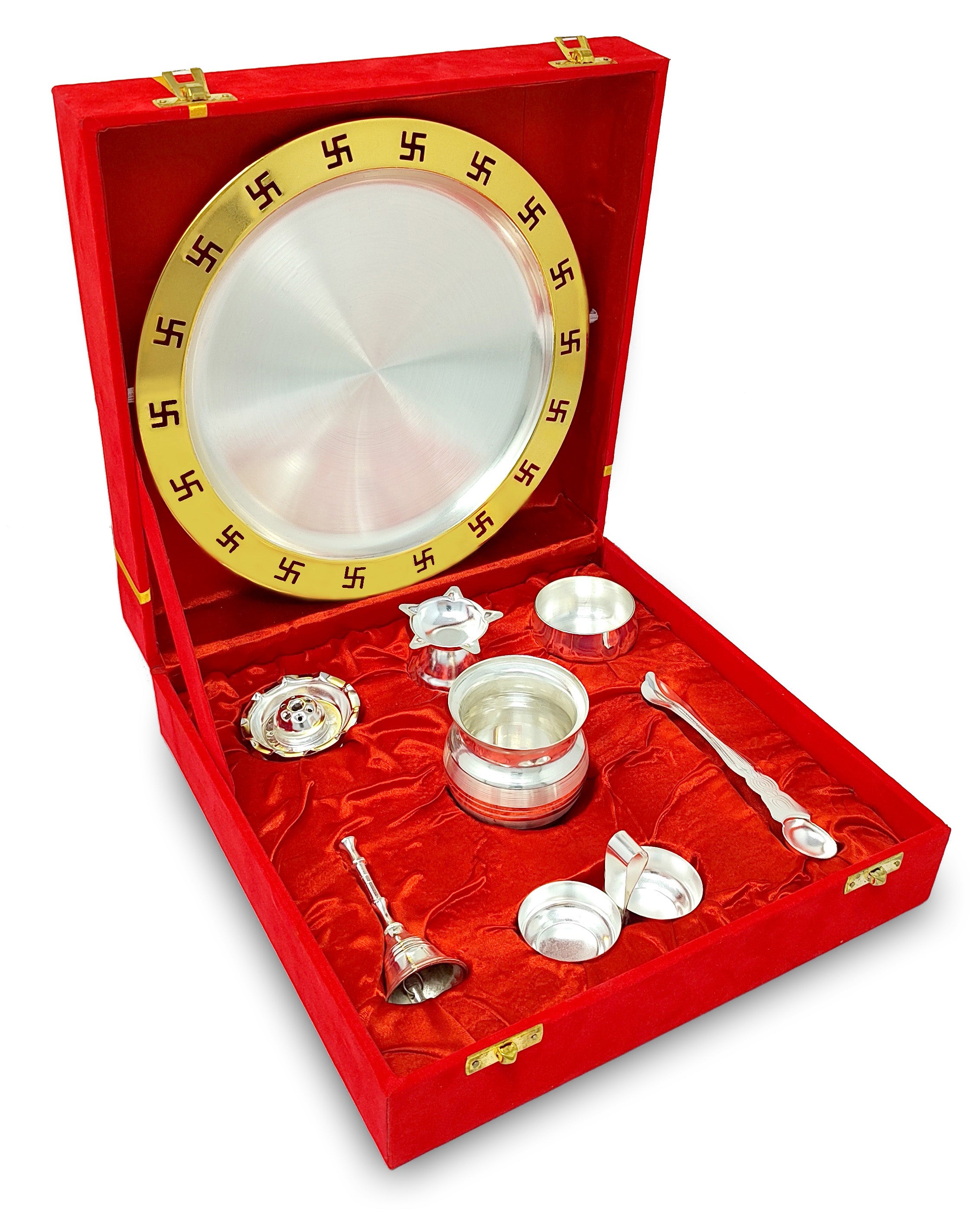 BENGALEN Pooja Thali Set 9 Inch Gold & Silver Plated with Red Gift Box