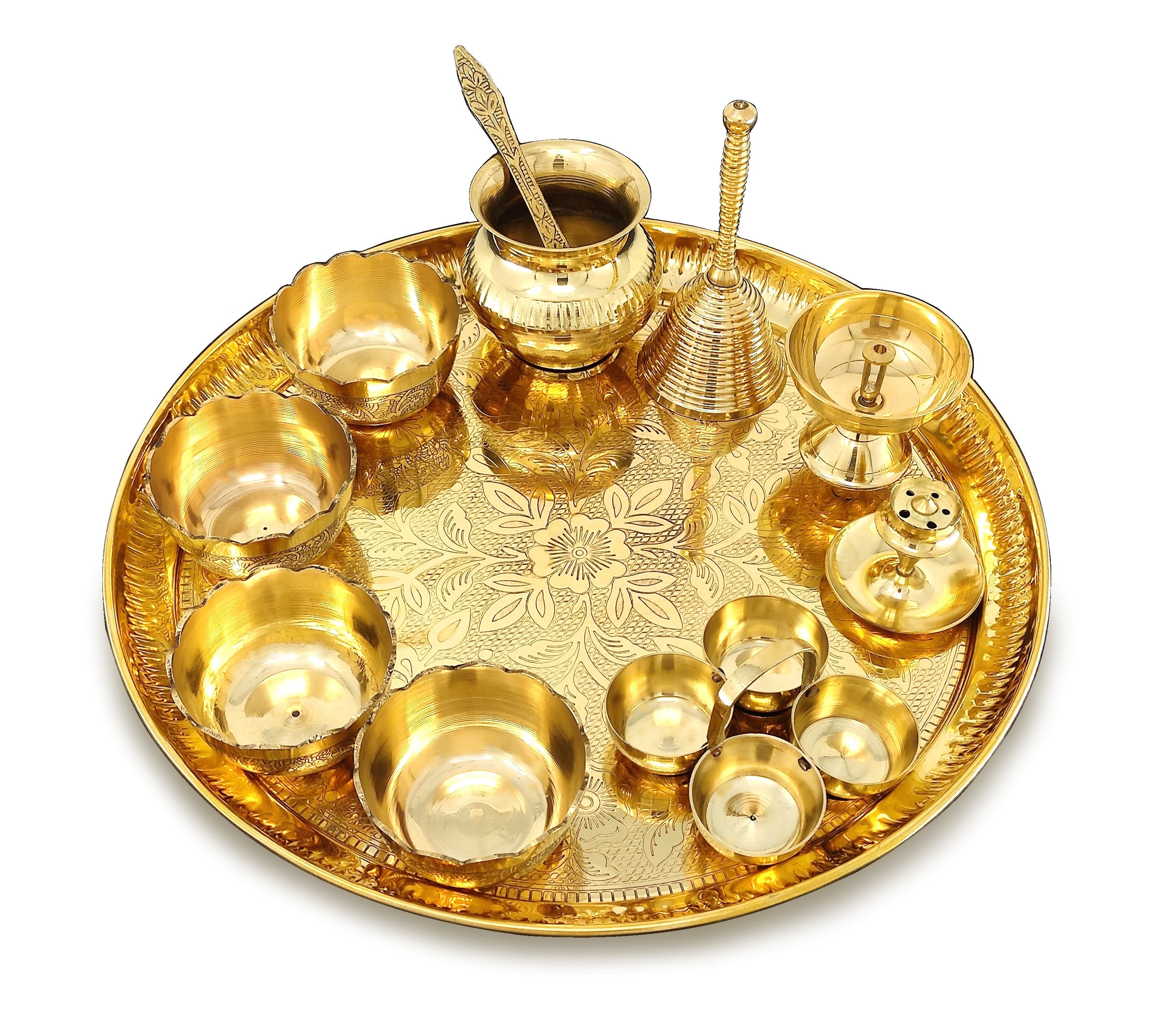 Bengalen Brass Pooja Thali Set 12 Inch with Pital Plate Kalash Bowl Spoon Haldi Kumkum Stand Ghanti Piyali Diya Puja Thali for Diwali Home Office Mandir Wedding Return Gift Items