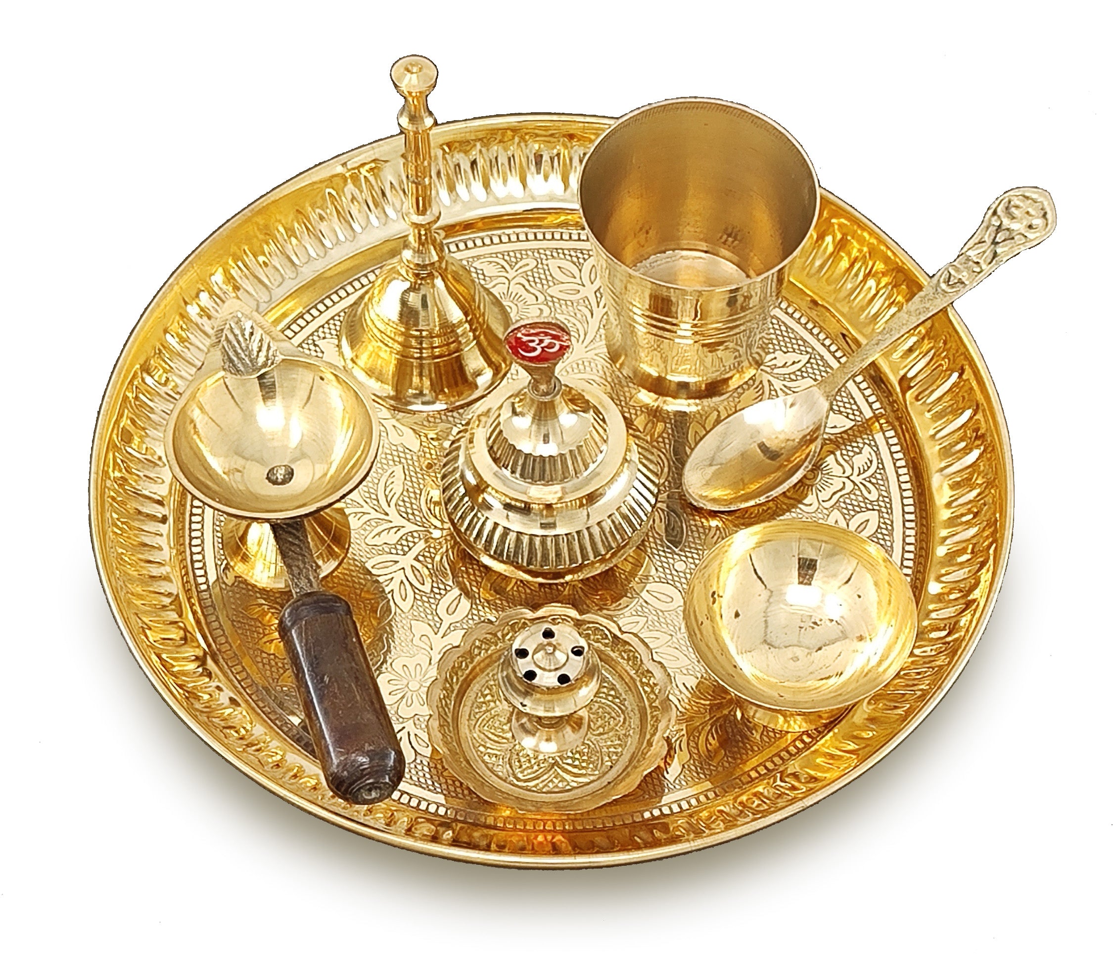 BENGALEN Brass Pooja Thali Set 7 Inch with Pital Puja Plate Kalash Bowl Spoon Dhup Dan Palli Ghanti Kuber Diya Chandan Wati Arti Thali for Diwali Home Office Mandir Wedding Return Gift Items