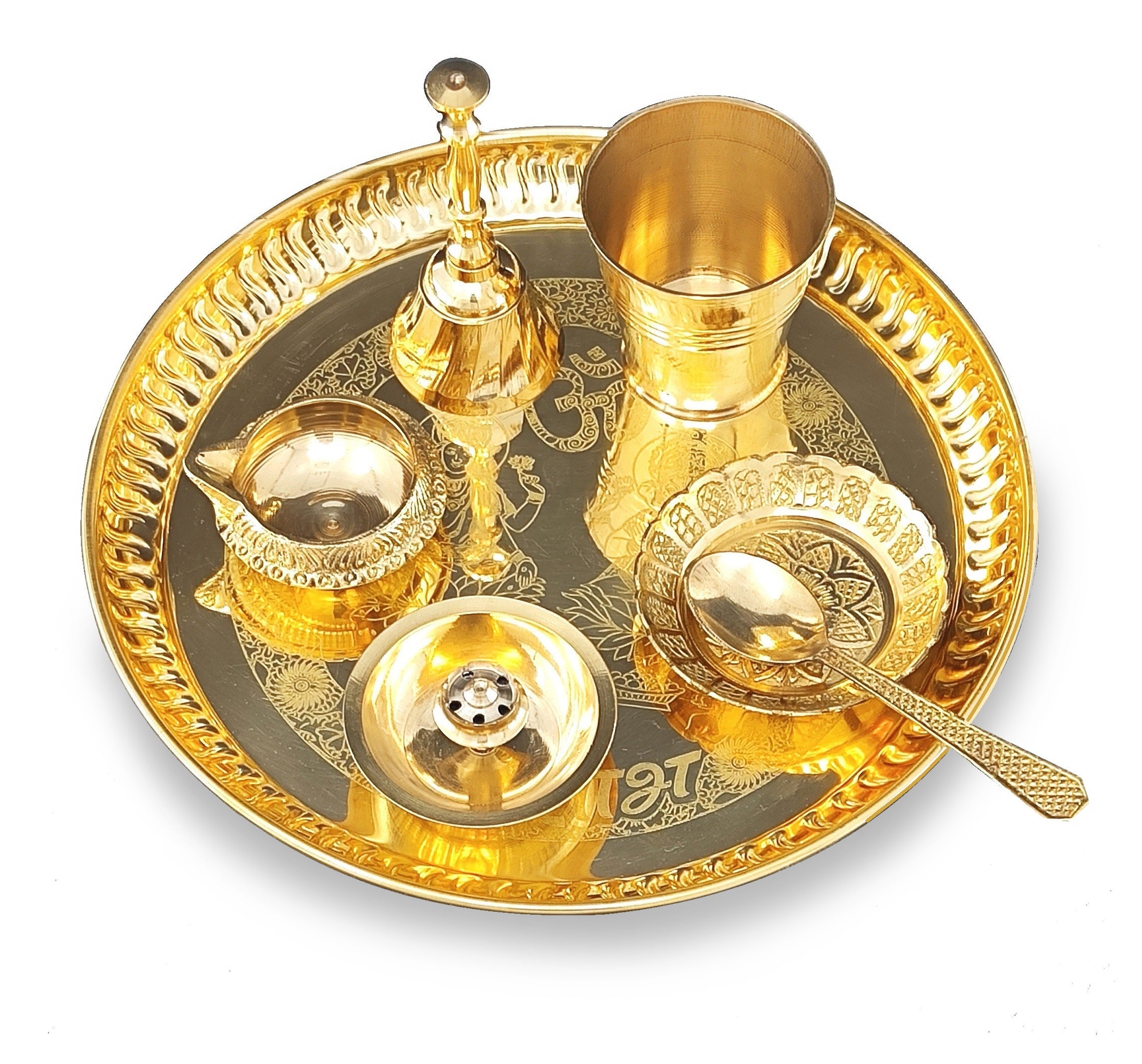BENGALEN Brass Pooja Thali Set 8 Inch with Pital Puja Plate Glass Kangura Plate Spoon Dhup Dan Kuber Deep Ghanti Arti Thali for Diwali Home Office Mandir Wedding Return Gift Items