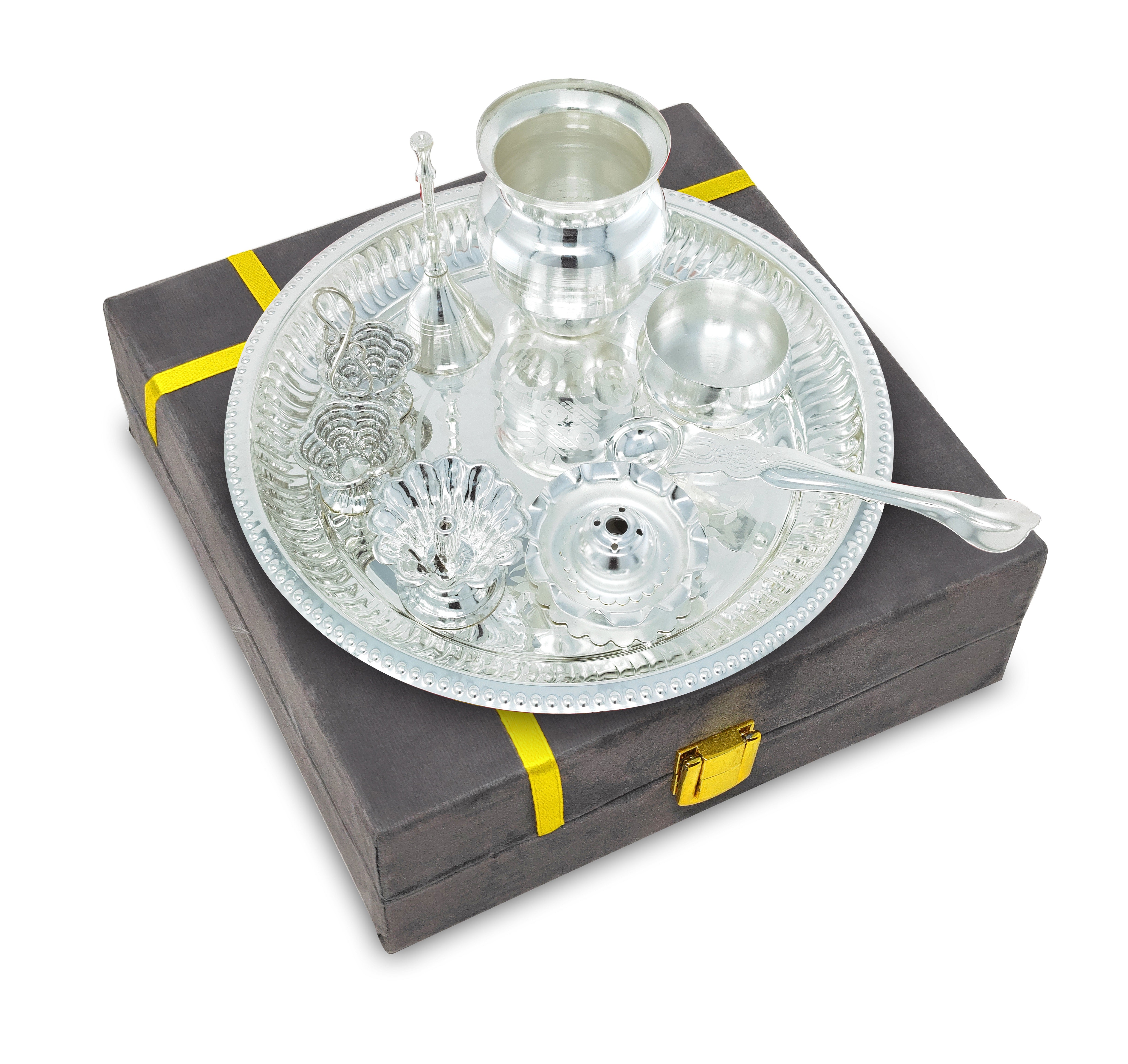 BENGALEN Pooja Thali Set Silver Plated with Grey Gift Box Puja Plate Devdas Diya Kalash Bowl Palli Haldi Kumkum Stand Dhup Dan Ghanti for Home Office Diwali Wedding Return Gifts