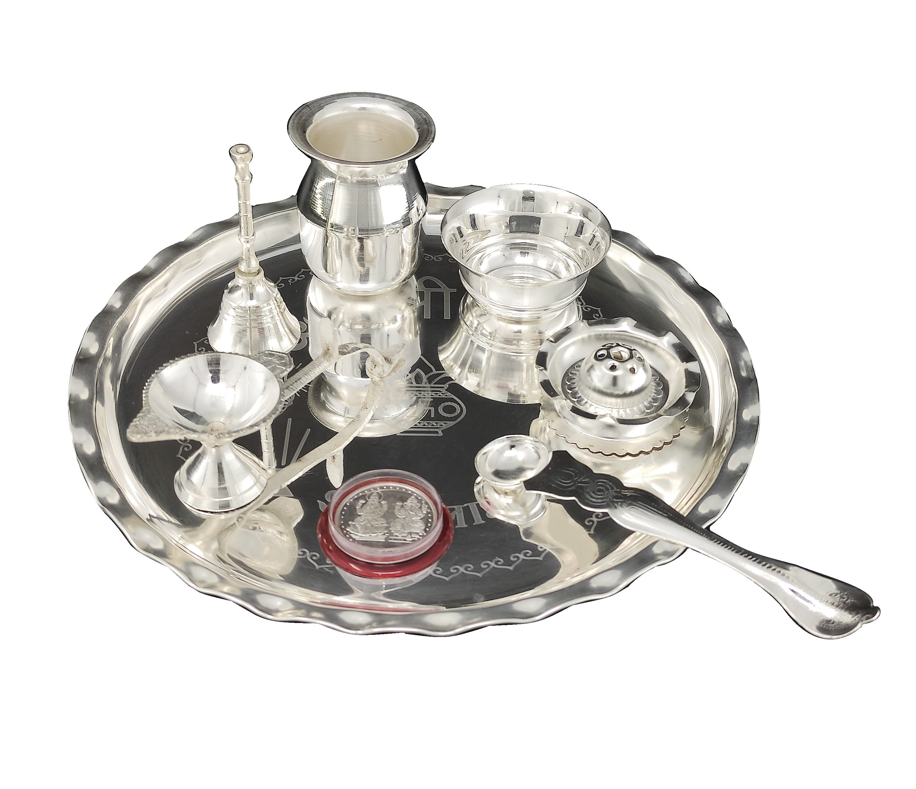BENGALEN Silver Plated Pooja Thali Set 9.5 Inch Plate with Bowl Lotti Ghanti Palli Coin Diya Dhup Dan for Puja Diwali Home Decor Temple Office Wedding Return Gift Items