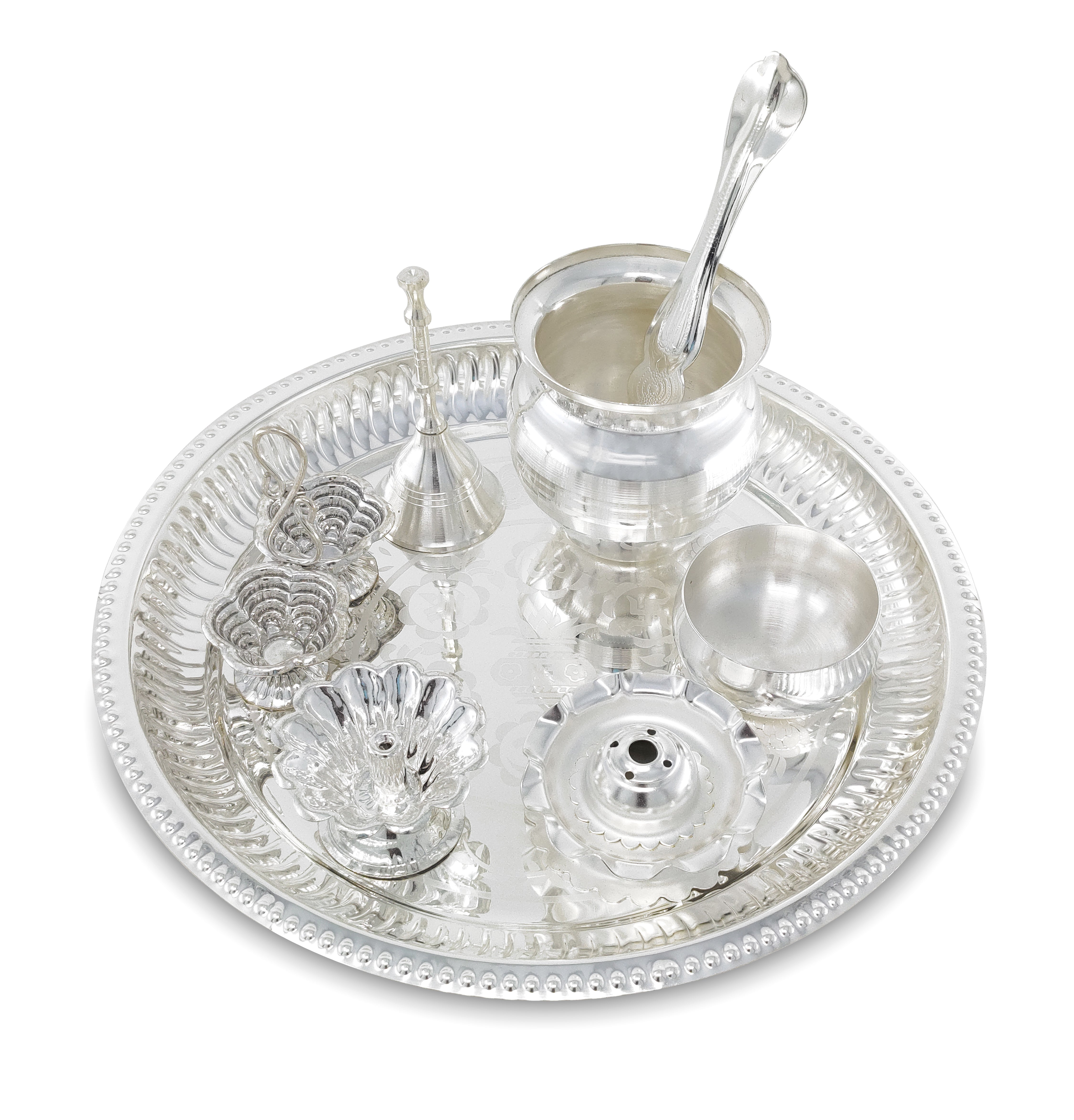 BENGALEN Pooja Thali Set Silver Plated with Grey Gift Box Puja Plate Devdas Diya Kalash Bowl Palli Haldi Kumkum Stand Dhup Dan Ghanti for Home Office Diwali Wedding Return Gifts