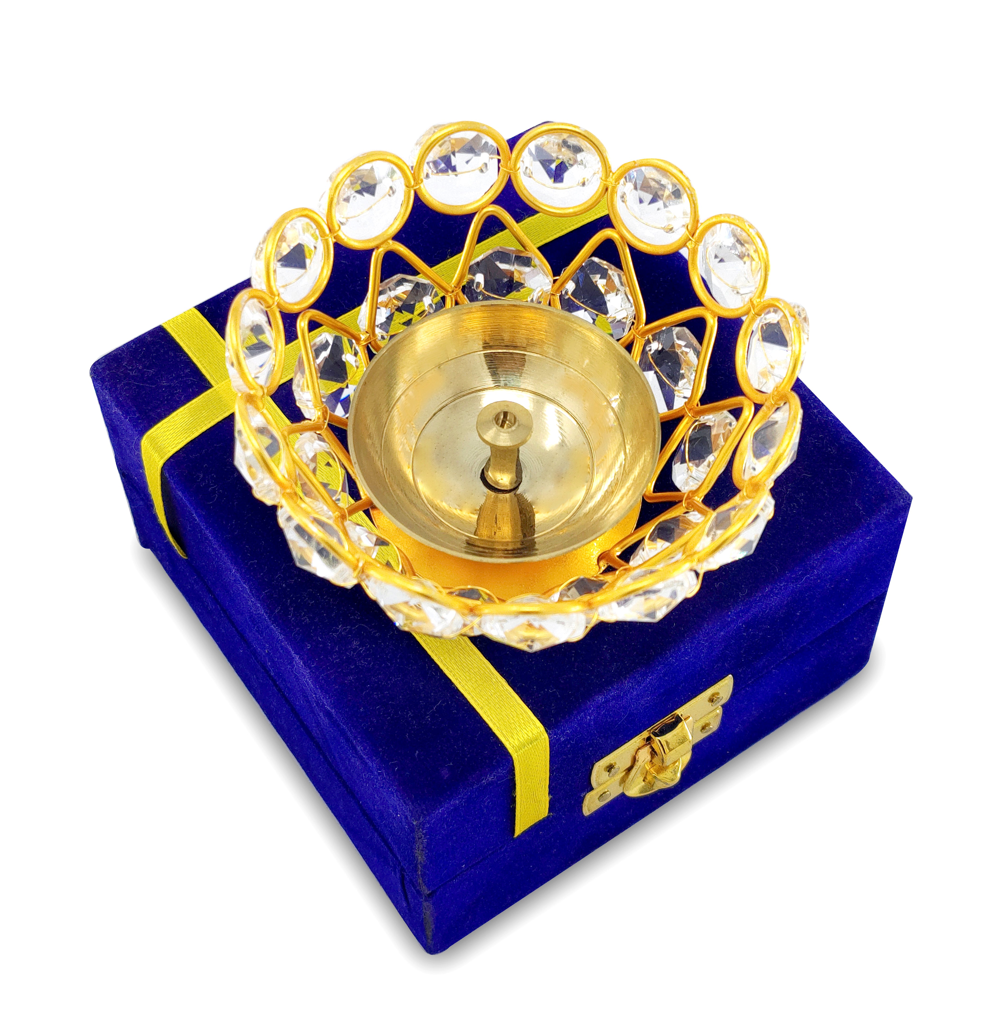 BENGALEN Crystal Diya with Blue Velvet Gift Box Brass Chrystal Akhand Piyali Dia Pooja Items Diwali Decoration Puja Gifts Handmade Oil Lamp
