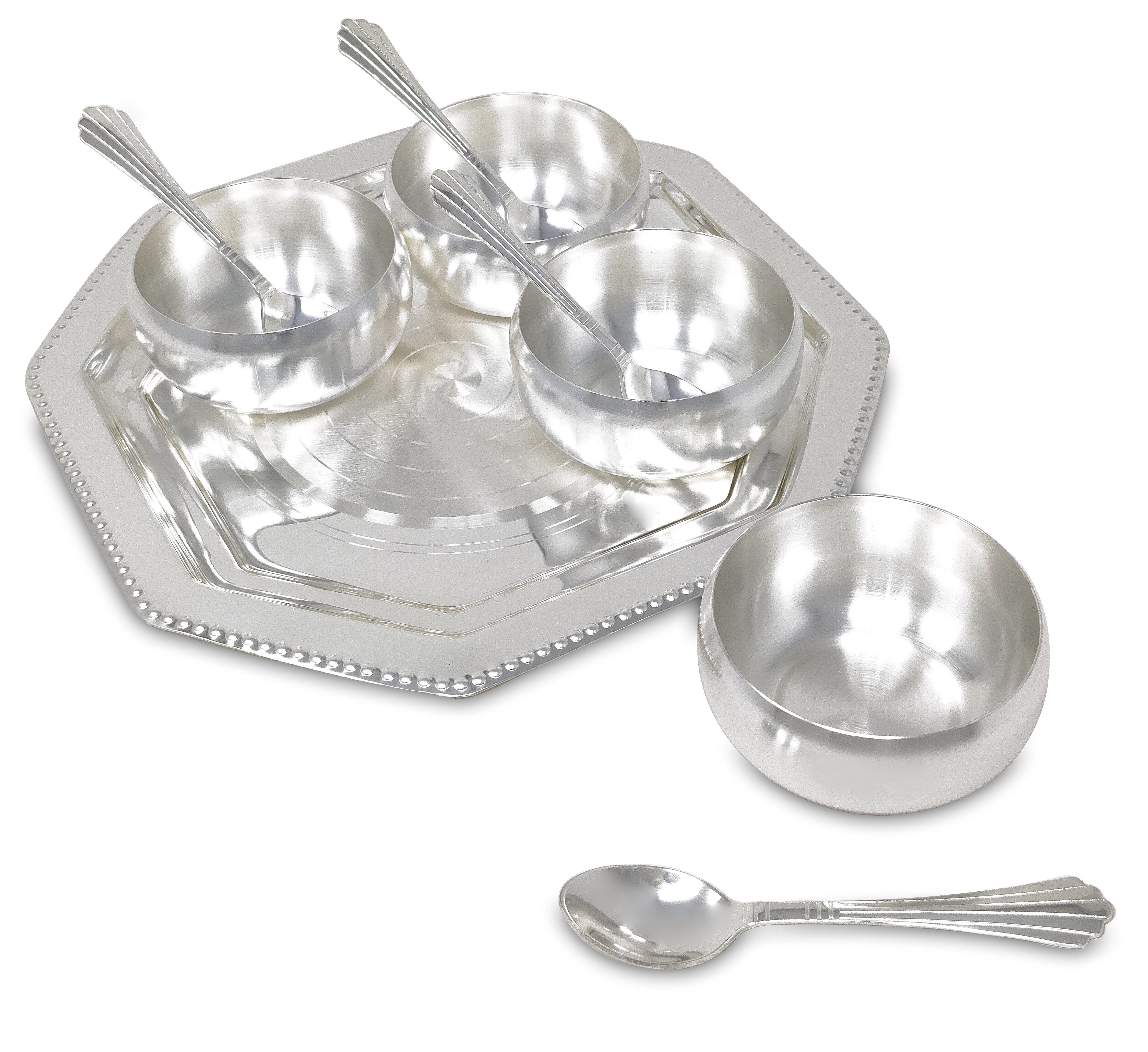 BENGALEN Bowl Spoon Tray Set Silver Plated Dessert Dry Fruits Ice Cream Serving Diwali Christmas Eid Wedding Return Gifts Friends Family Home Decoration Housewarming Corporate Gift Items