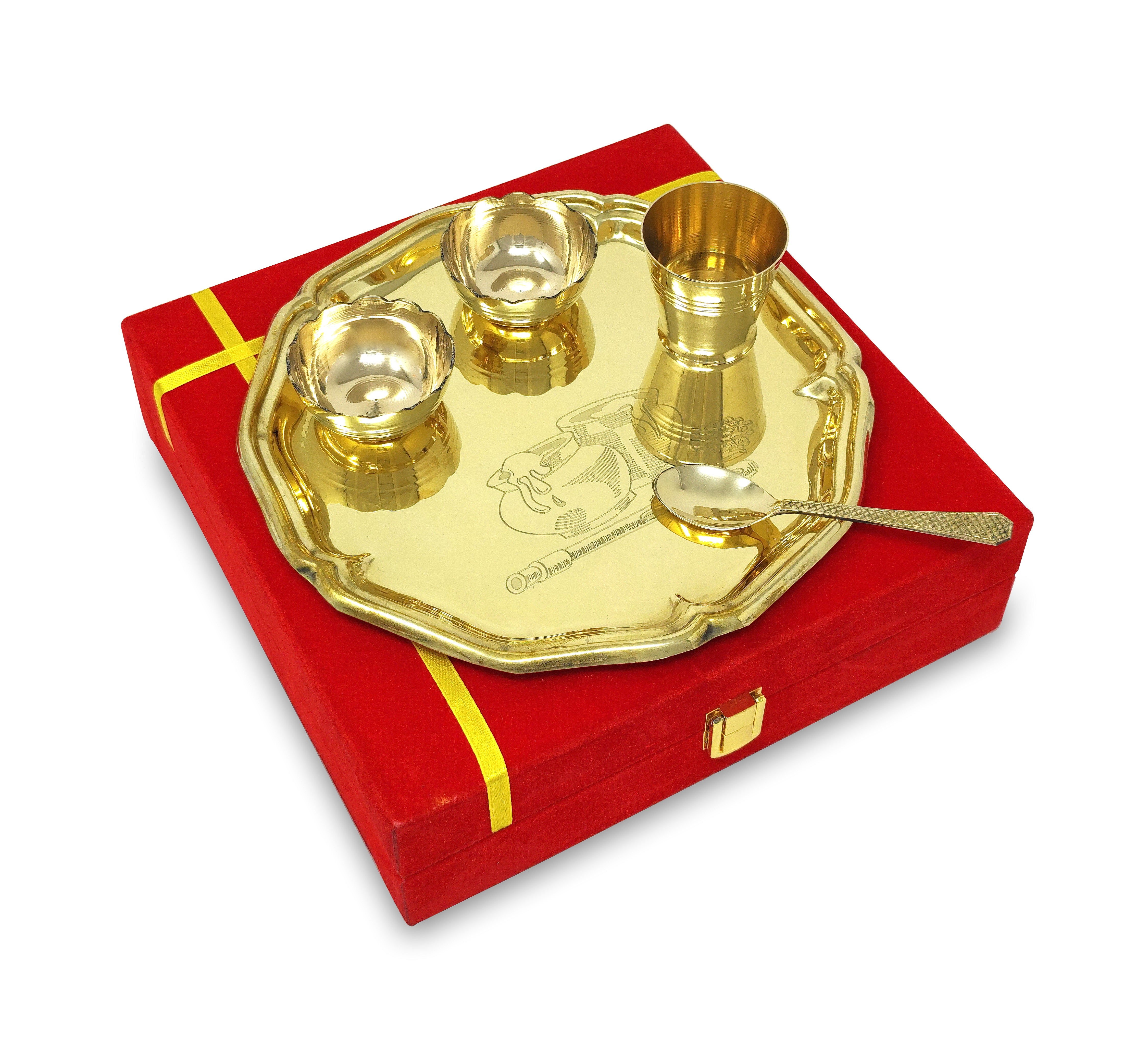 BENGALEN Pooja thali Set Brass Small 8 Inch With Red Gift Box Laddu Gopal Bhog Thali for Janmashtami Decoration Puja Item Festival Puja Krishna Bhog Thali Set for Home Office Mandir Return Gift Items