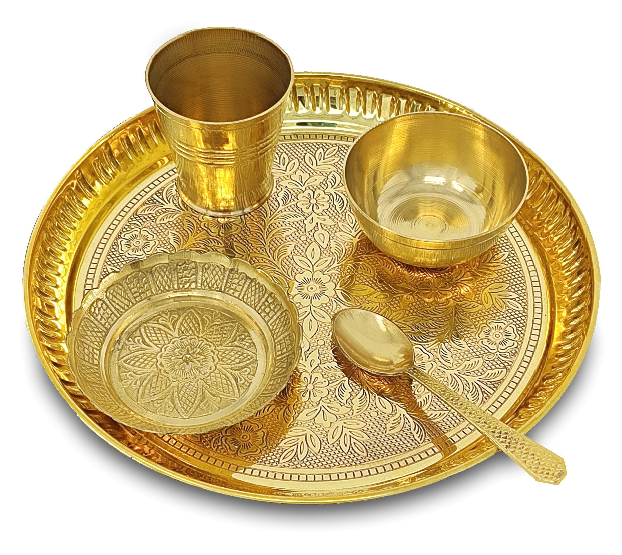 BENGALEN Brass Pooja Bhog Thali Set 8 Inch Puja Thali with Pital Plate and Accessories Arti Thali for Diwali Home Office Mandir Wedding Return Gift Items