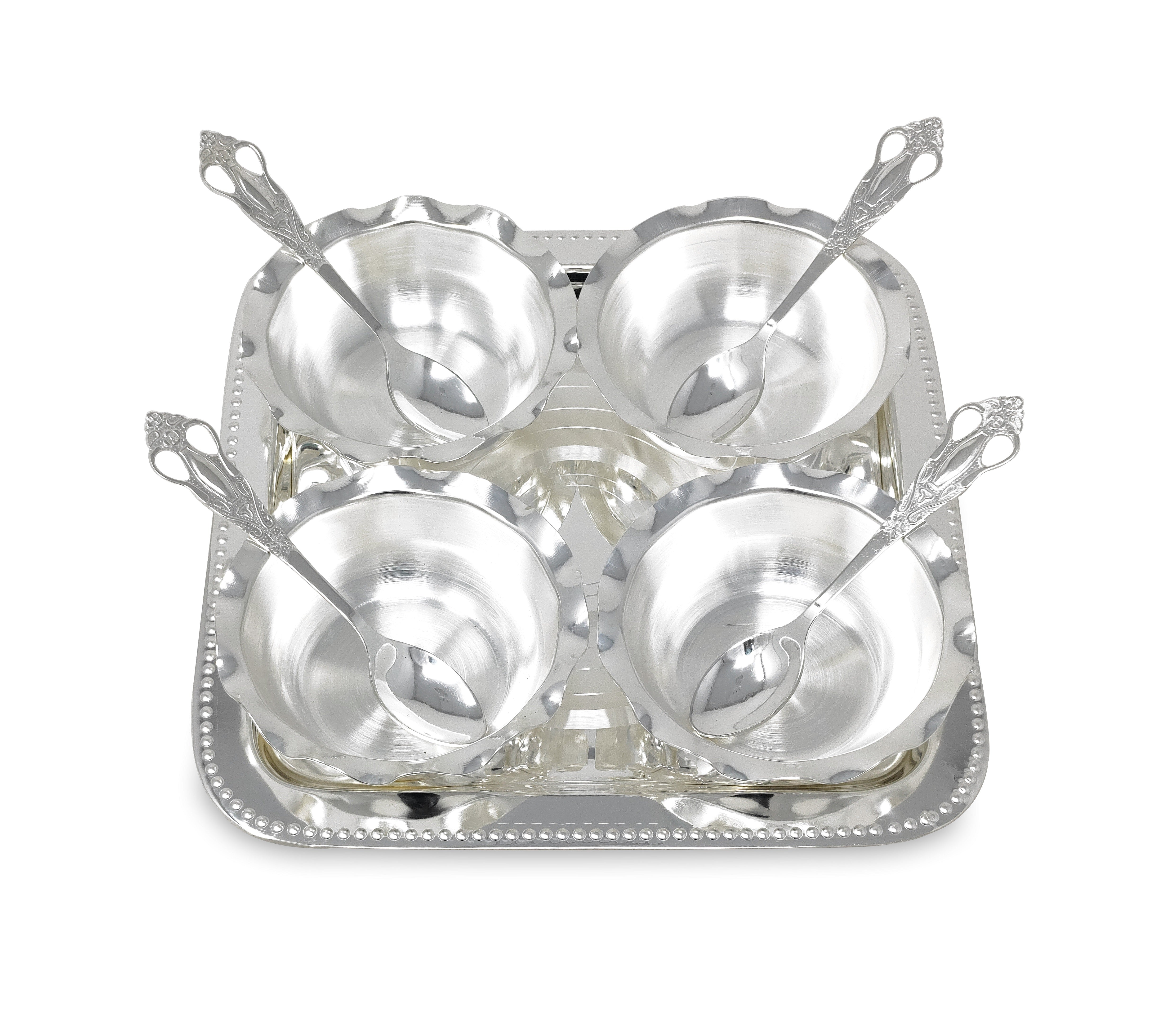 BENGALEN Bowl Spoon Tray Set Silver Plated Dessert Dry Fruits Ice Cream Serving Diwali Christmas Eid Wedding Return Gifts Friends Family Home Decoration Housewarming Corporate Gift Items