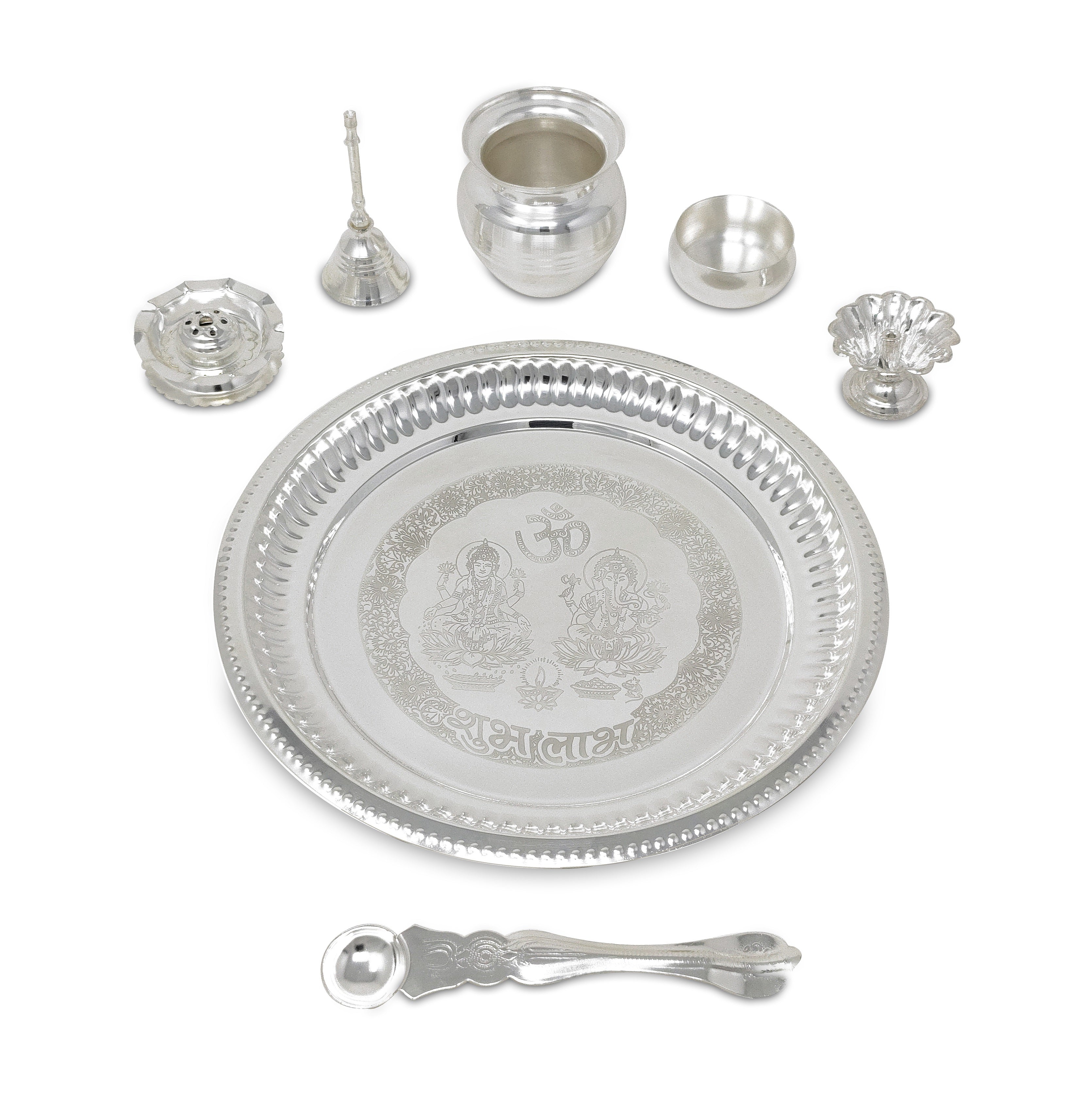 BENGALEN Pooja Thali Set Silver Plated with Red Gift Box Puja Plate Devdas Diya Kalash Bowl Palli Haldi Kumkum Stand Dhup Dan Ghanti for Home Office Diwali Wedding Return Gifts