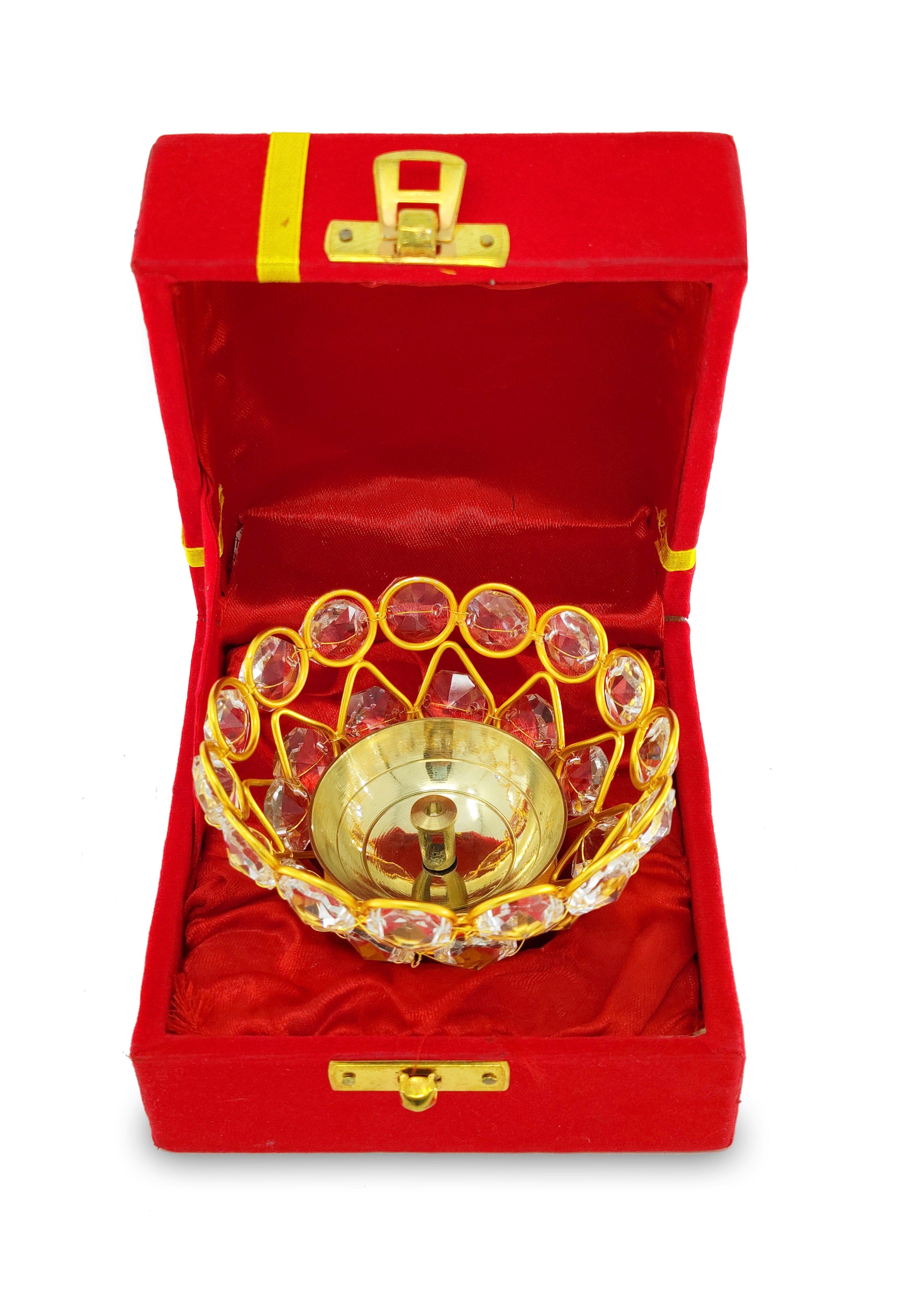 BENGALEN Crystal Diya with Red Velvet Gift Box Brass Chrystal Akhand Piyali Dia Pooja Items Diwali Decoration Puja Gifts Handmade Oil Lamp