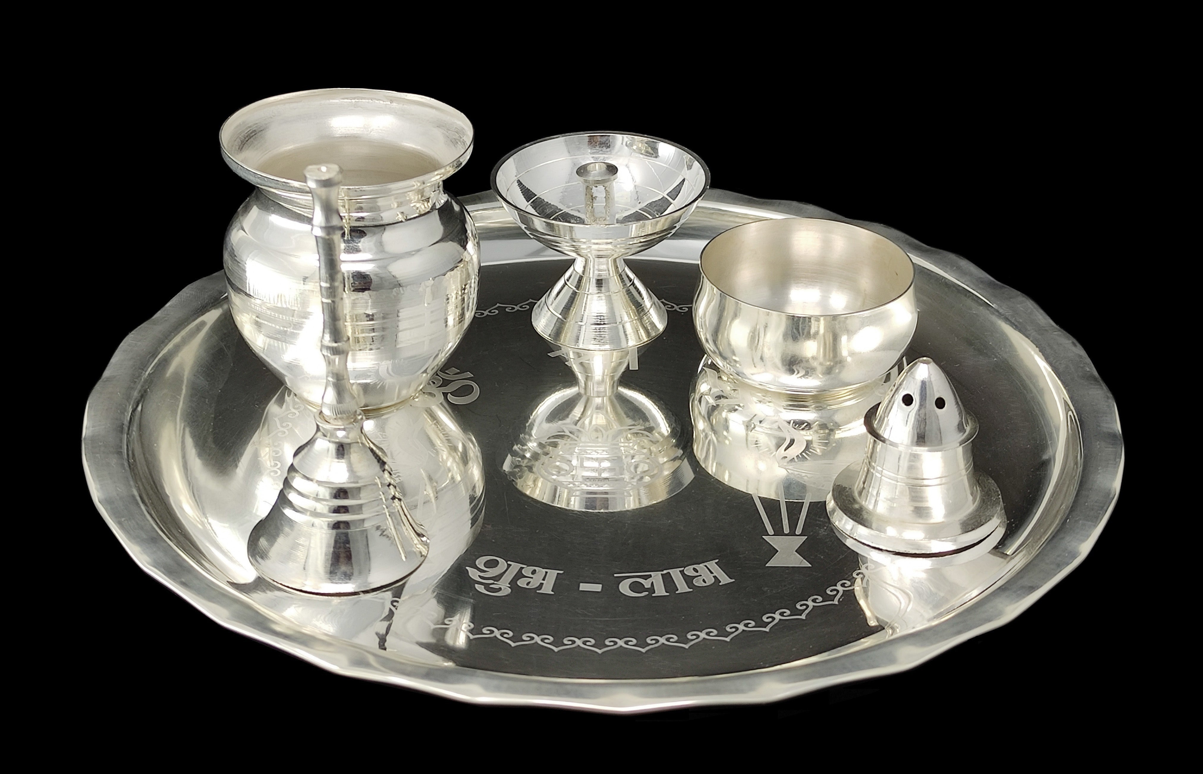 BENGALEN Silver Plated Pooja thali Set 8 Inch Plate Glash Spoon Diya Kumkum Stand Bowl Agarbatti Stand Daily Puja Thali for Diwali, Home, Temple, Office, Wedding Return Gift Items