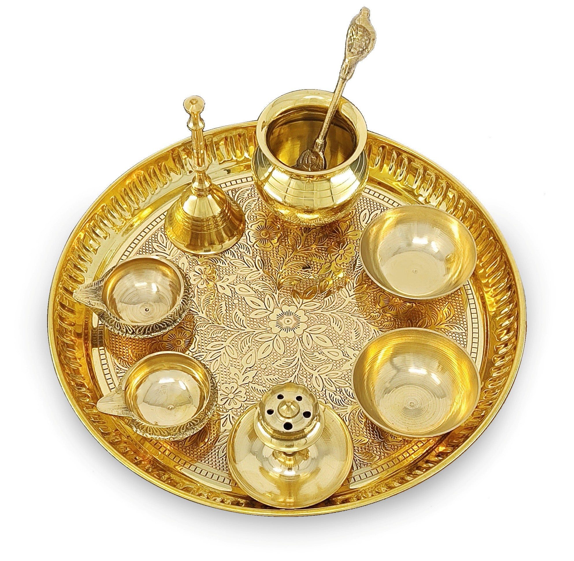 BENGALEN Brass Pooja Thali Set 8 Inch Puja Thali with Pital Plate Kalash Palli Chandan Vati Kuber Deep Dhup Dan Ghanti Arti Thali for Diwali Home Office Mandir Wedding Return Gift Items