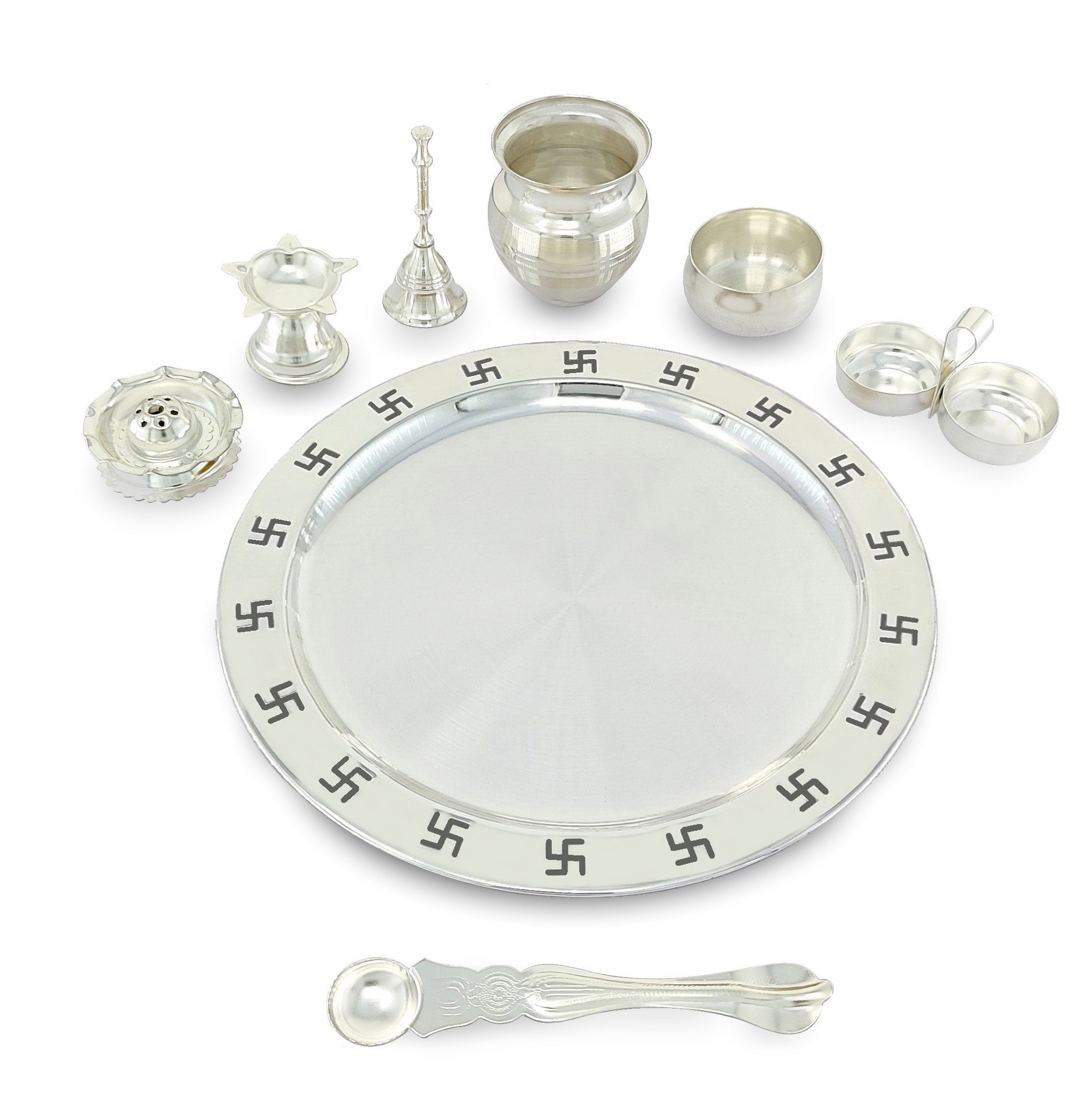 BENGALEN Pooja Thali Set 9 Inch Silver Plated with Gray Gift Box