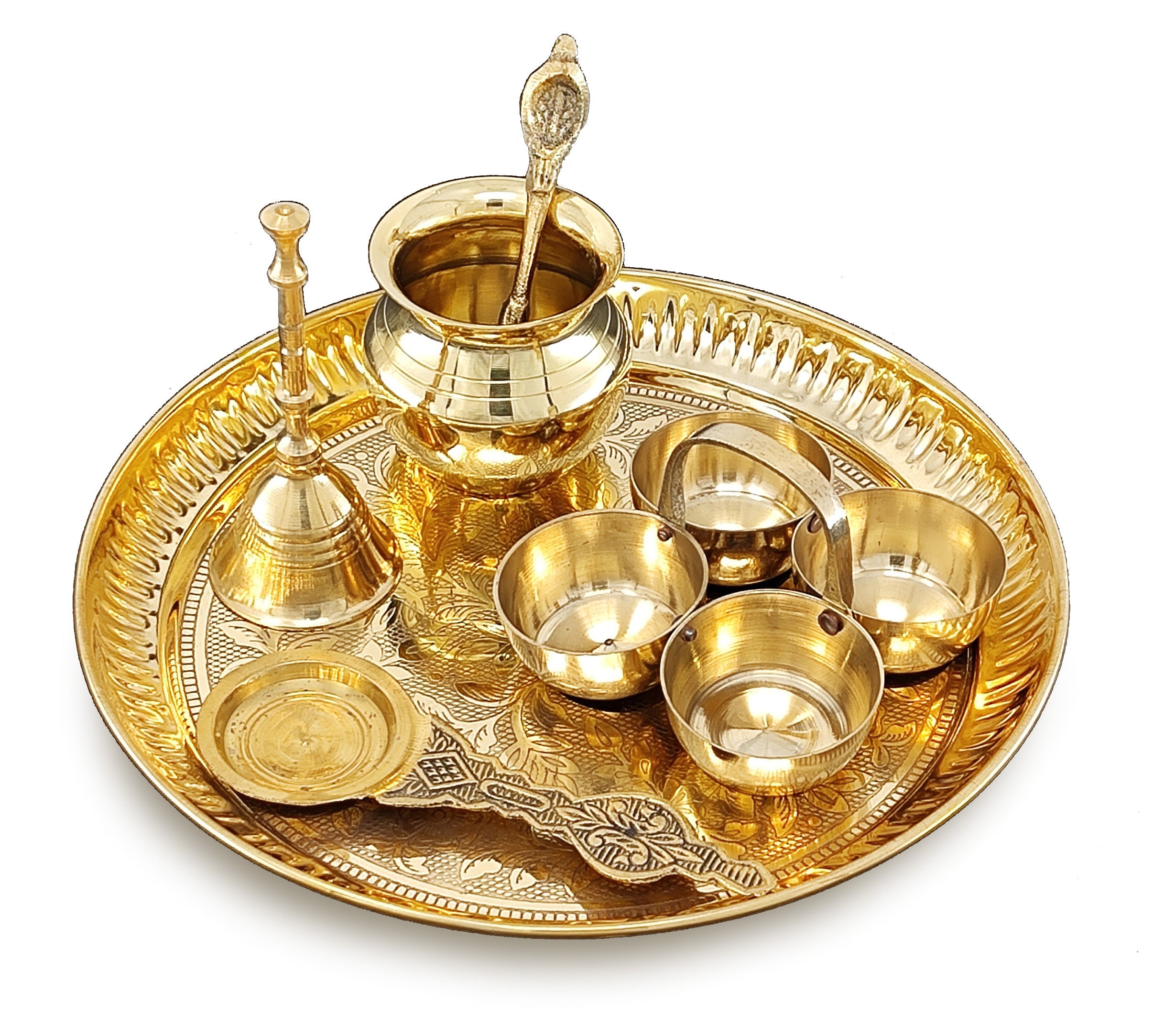 BENGALEN Brass Pooja Thali Set 7 Inch with Pital Puja Plate Kalash Bowl Spoon Dhup Dan Palli Ghanti Kuber Diya Chandan Wati Arti Thali for Diwali Home Office Mandir Wedding Return Gift Items