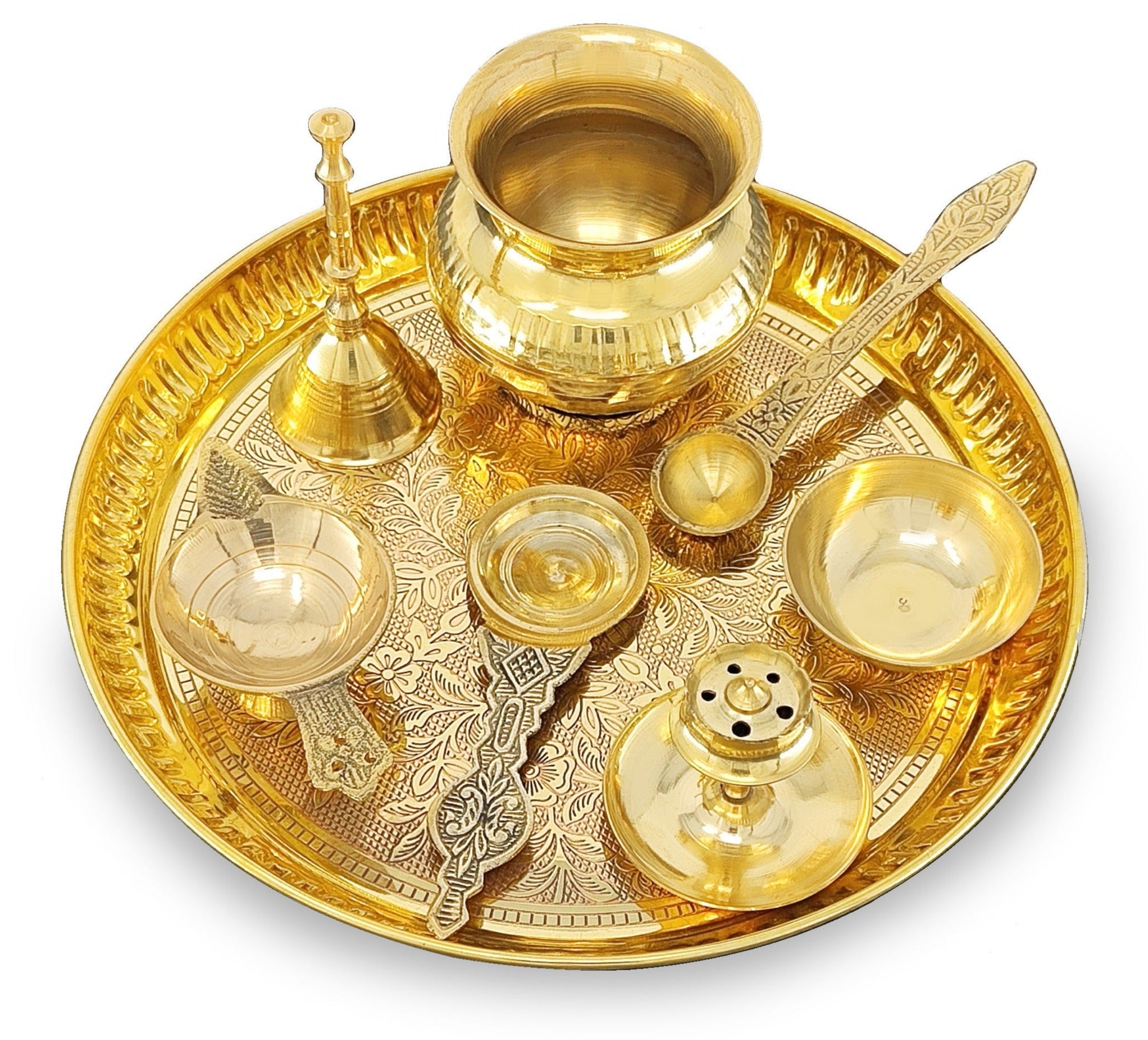 BENGALEN Brass Pooja Thali Set 8 Inch Puja Thali with Pital Plate Kalash Palli Chandan Wati Agarbatti Stand Kappur Arti Diya for Diwali Home Office Mandir Wedding Return Gift Items
