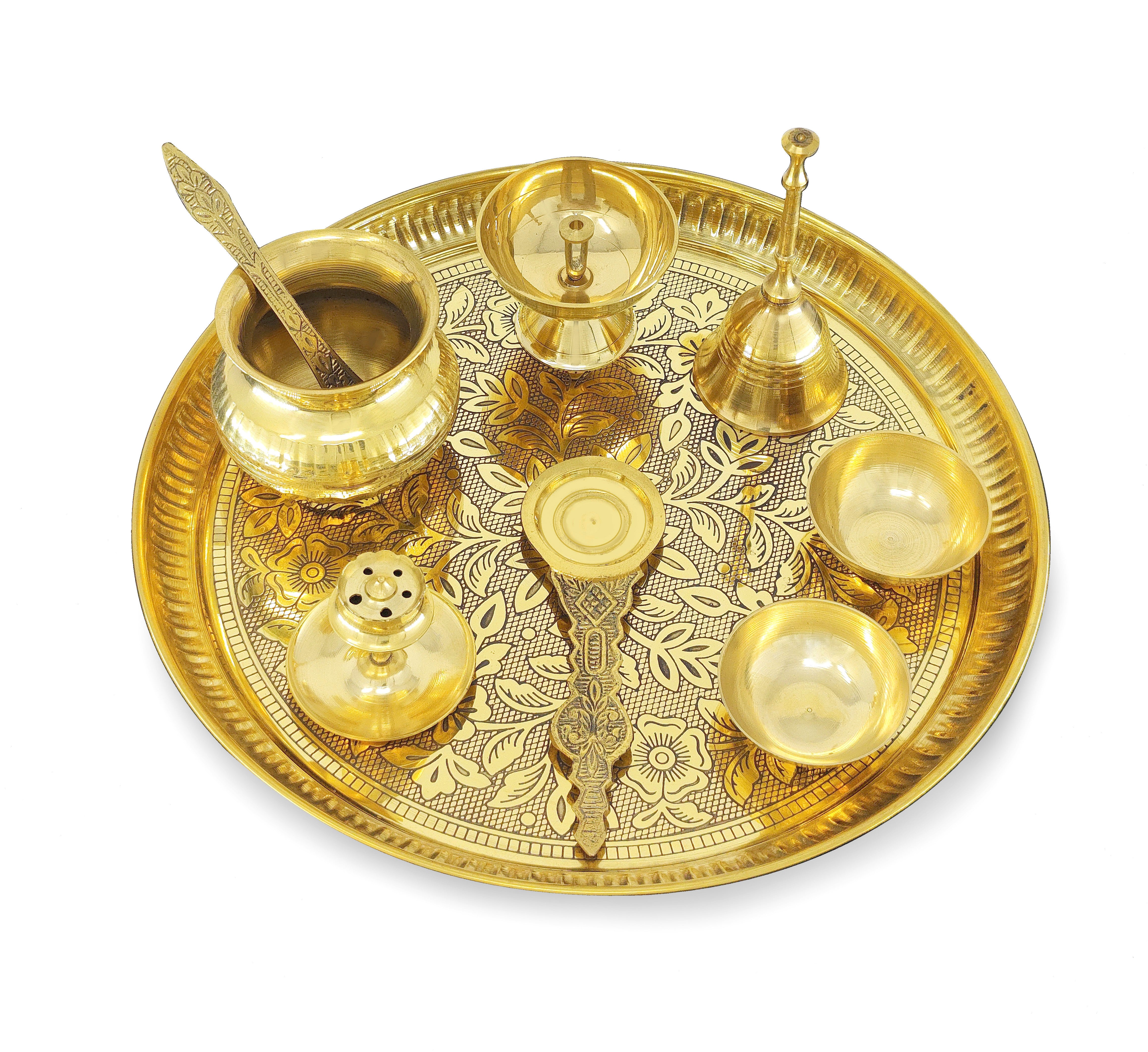 BENGALEN Brass Pooja Thali Set 10 Inch for Diwali Home Office Mandir Wedding Return Gift Items