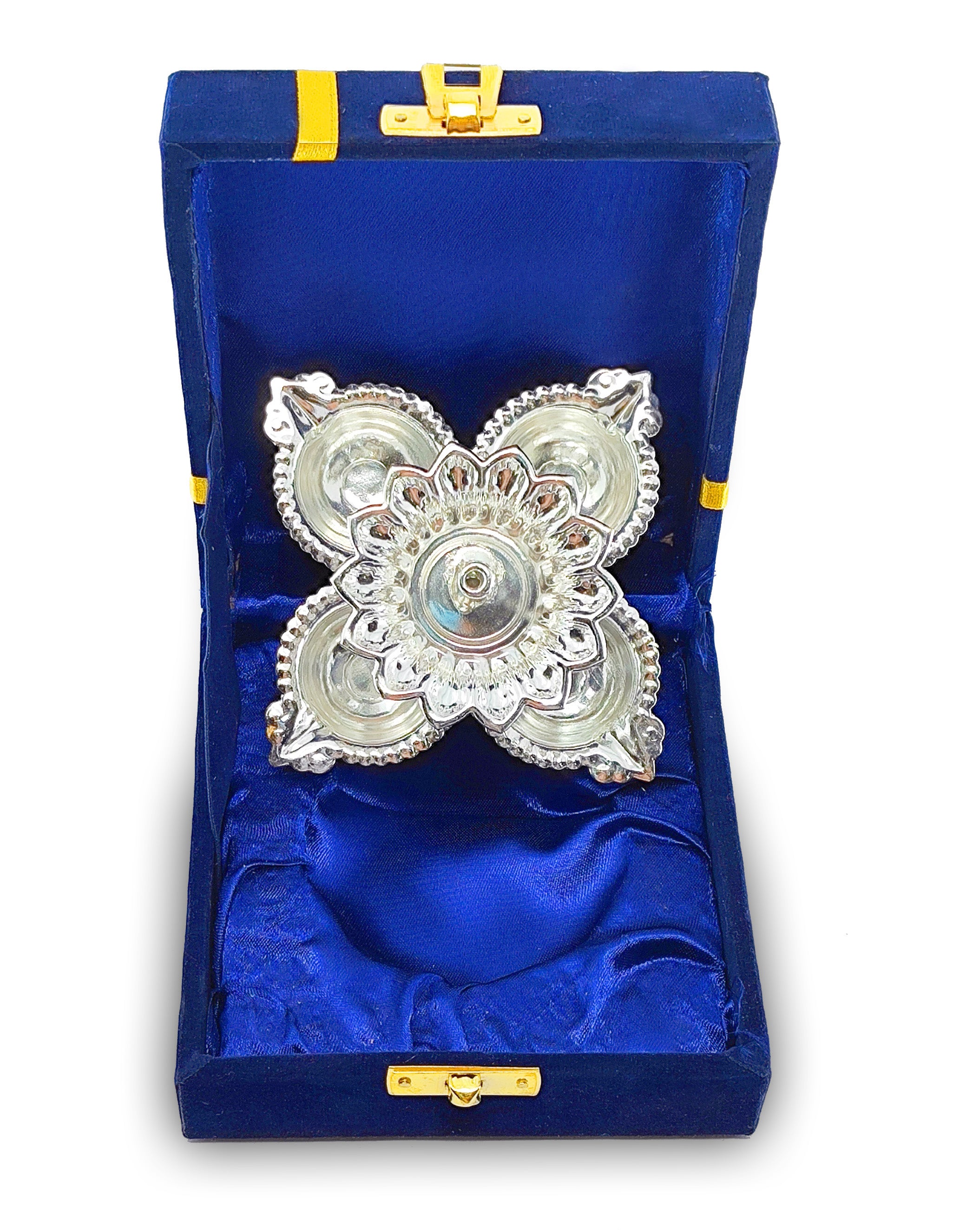 BENGALEN Silver Plated Diya with Blue Velvet Gift Box Panchmukhi Dia Pooja Items Diwali Decoration Puja Gifts Handmade Oil Lamp Traditional Indian Deepawali Gift Items