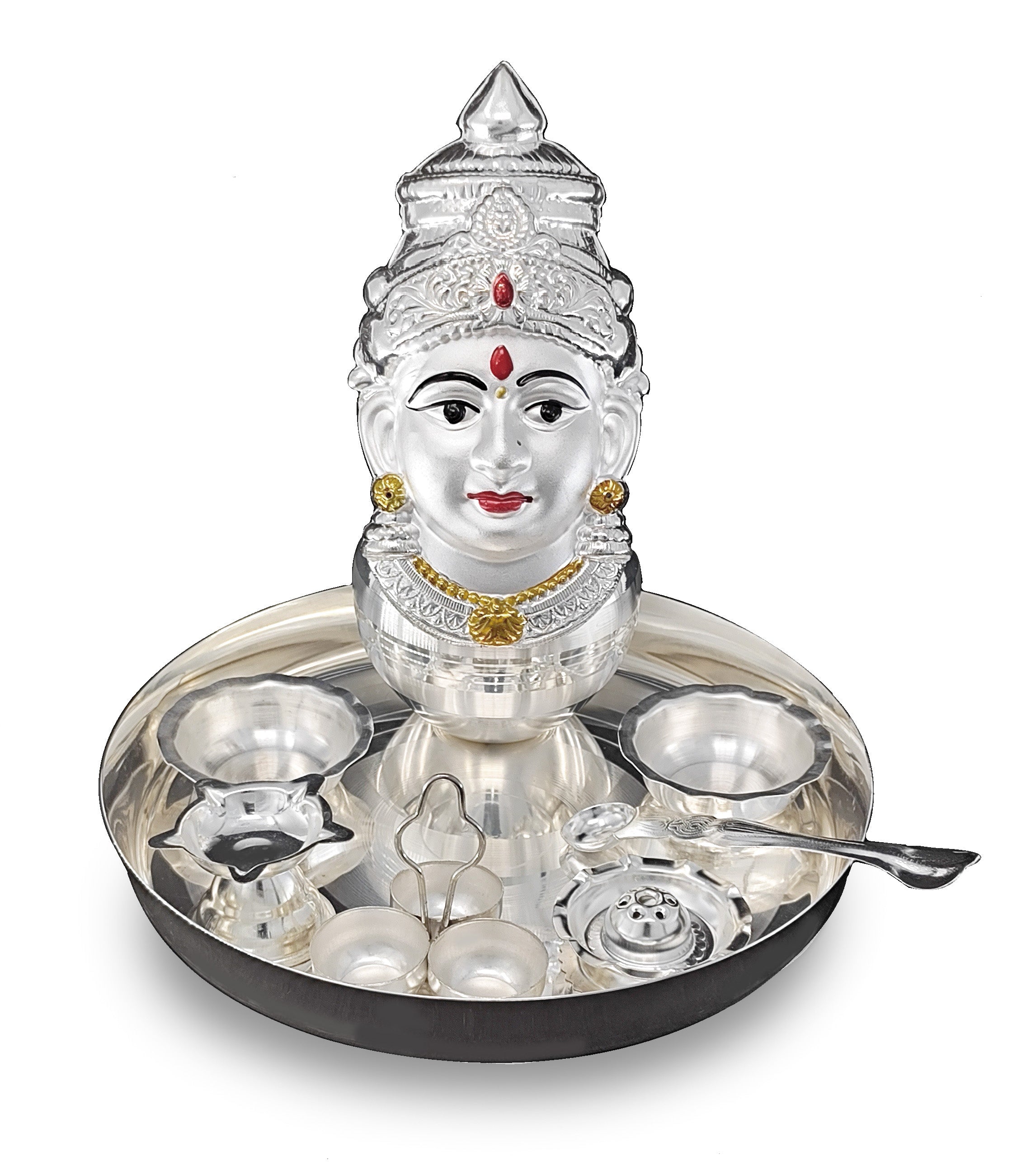 BENGALEN Silver Plated Pooja thali Set with Varalakshmi Devi Mukhota Idol Statue