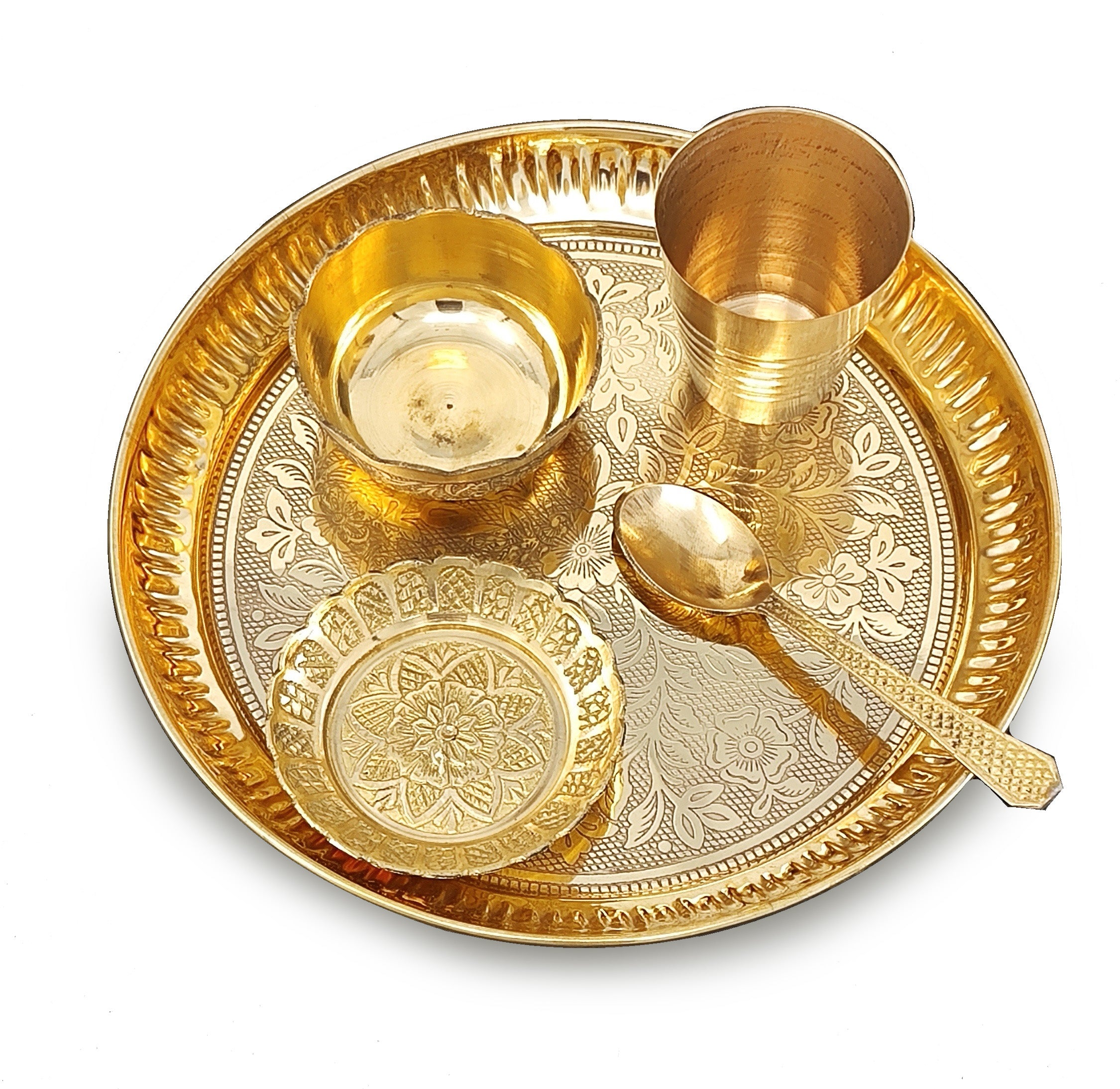 BENGALEN Brass Pooja Bhog Thali Set 7 Inch with Pital Puja Plate Kalash Bowl Spoon Dhup Dan Palli Ghanti Kuber Diya Chandan Wati Arti Thali for Diwali Home Office Mandir Wedding Return Gift Items