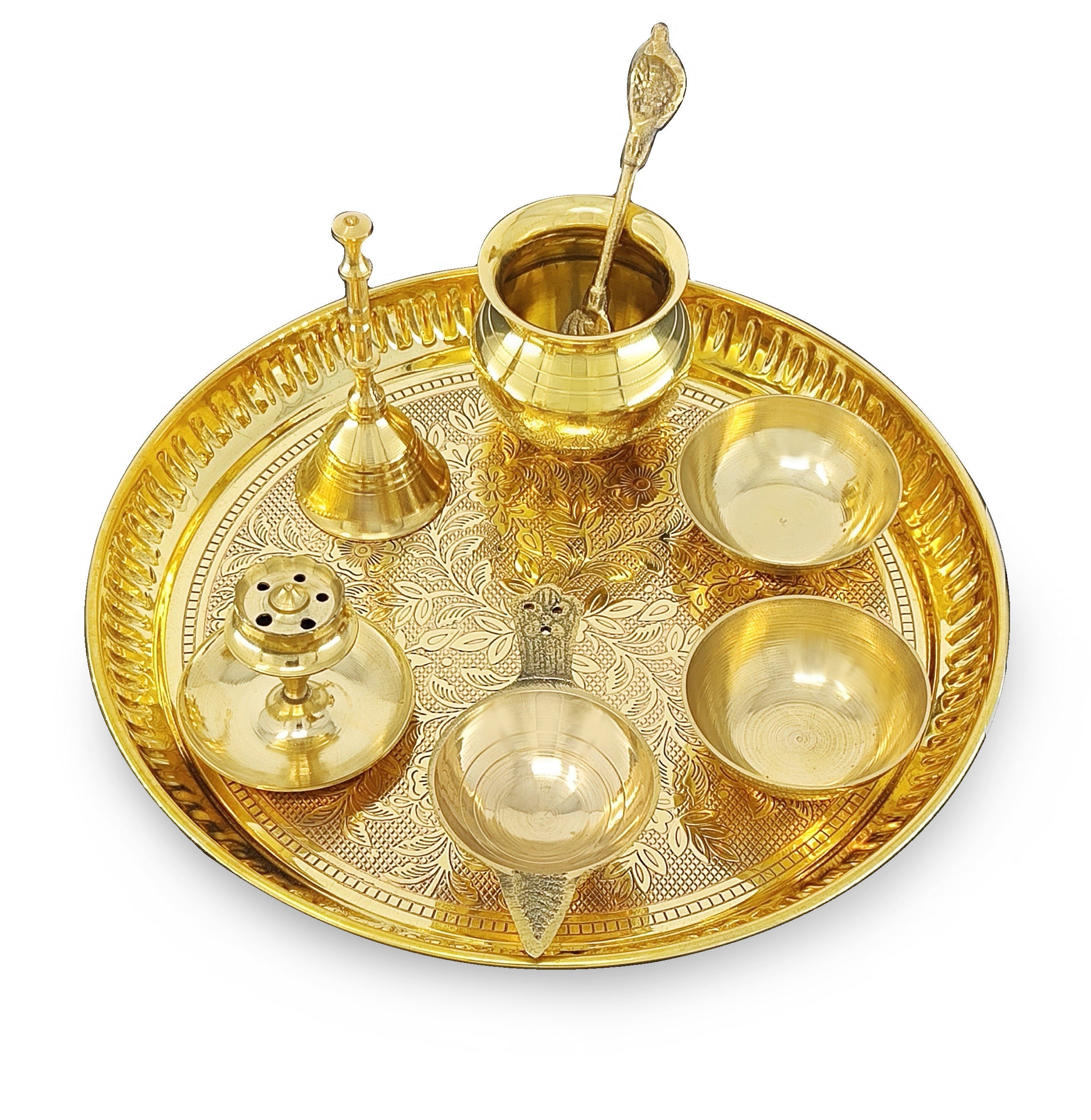 BENGALEN Brass Puja Thali Set 8 Inch Pooja Thali with Pital Design Plate Kalash Chandan Wati Dhup Dan Diya Ghanti Palli Arti Thali for Diwali Home Office Mandir Wedding Return Gift Items
