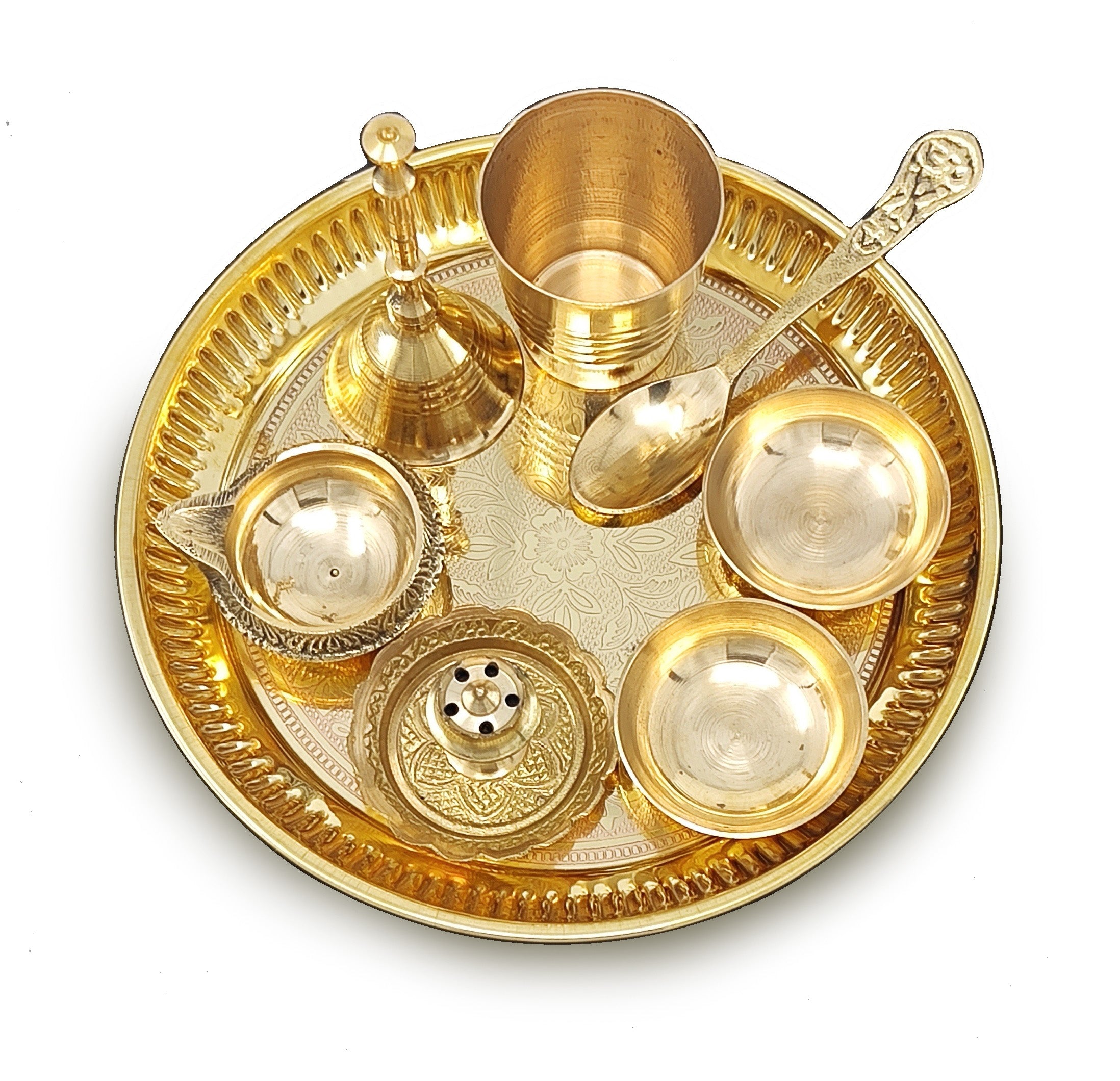 BENGALEN Brass Pooja Thali Set 6 Inch Puja Thali with Pital Plate Glass Chandan Wati Dhup Dan Kuber Deep Ghanti Spoon Arti Thali for Diwali Home Office Mandir Wedding Return Gift Items