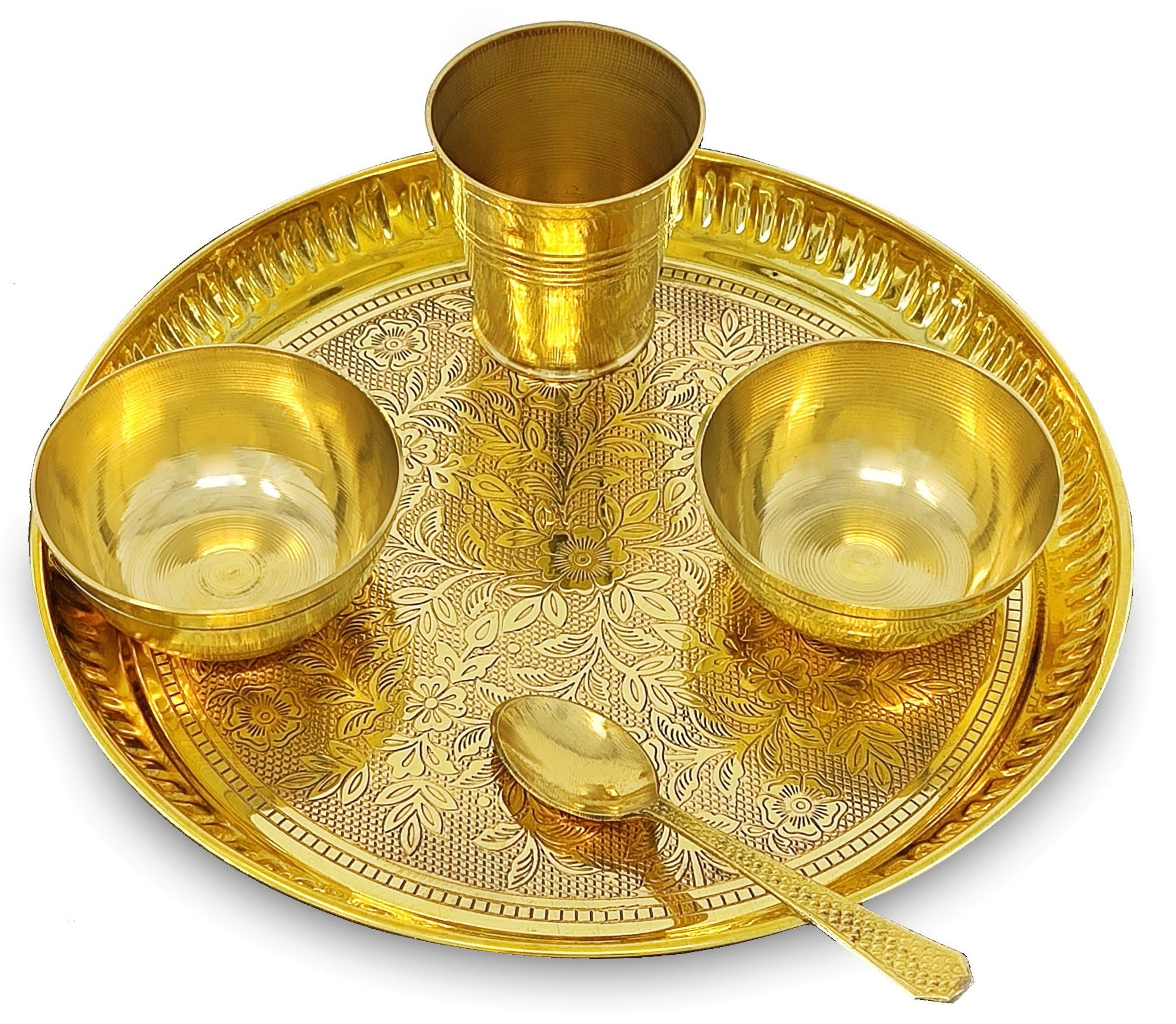 BENGALEN Brass Pooja Bhog Thali Set 8 Inch Puja Bhog Thali with Pital Plate Bowl Glass Spoon Arti Thali for Diwali Home Office Mandir Wedding Return Gift Items