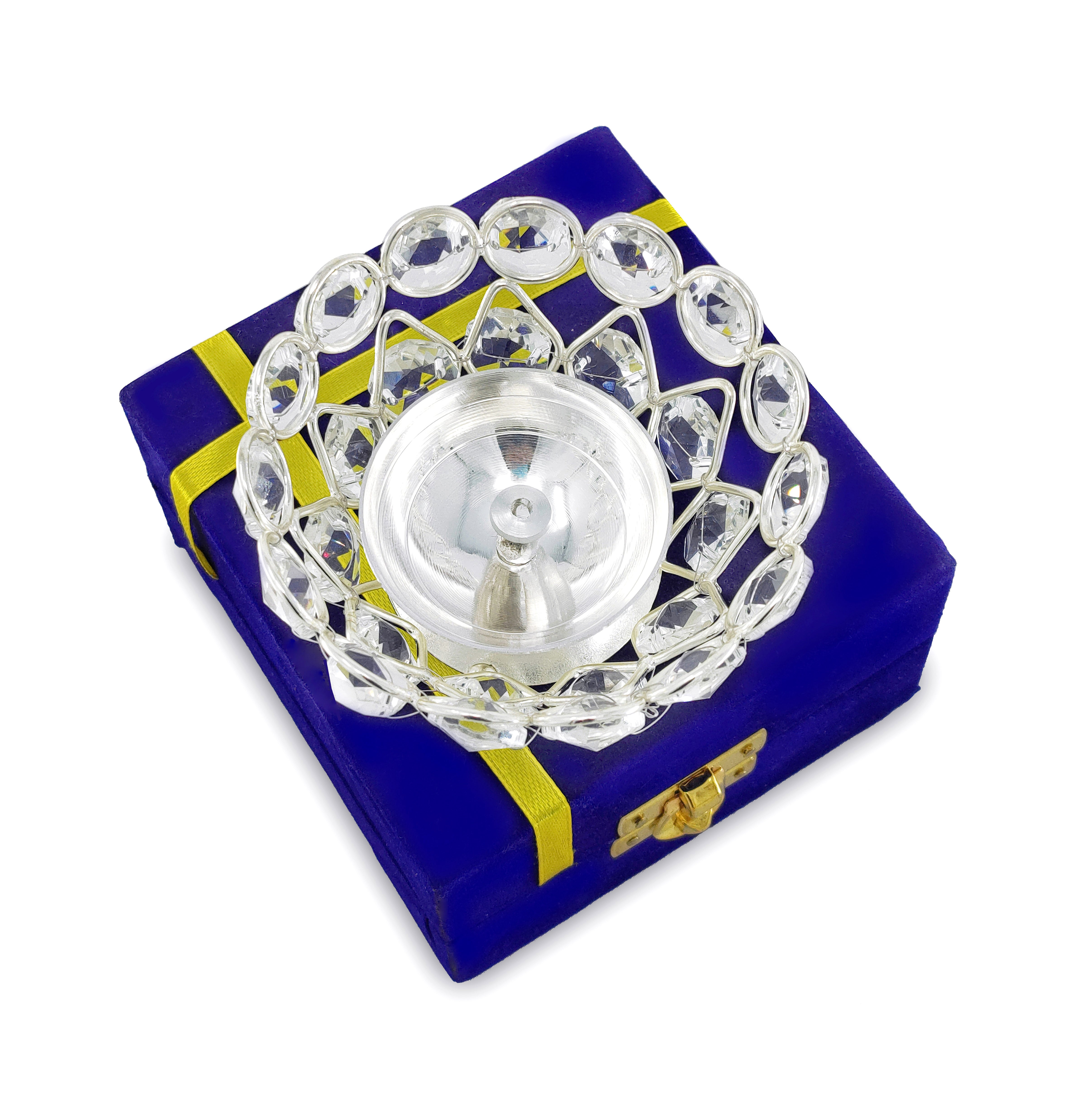 BENGALEN Crystal Diya with Blue Velvet Gift Box German Silver Chrystal Akhand Piyali Dia Pooja Items Diwali Decoration Puja Gifts Handmade Oil Lamp