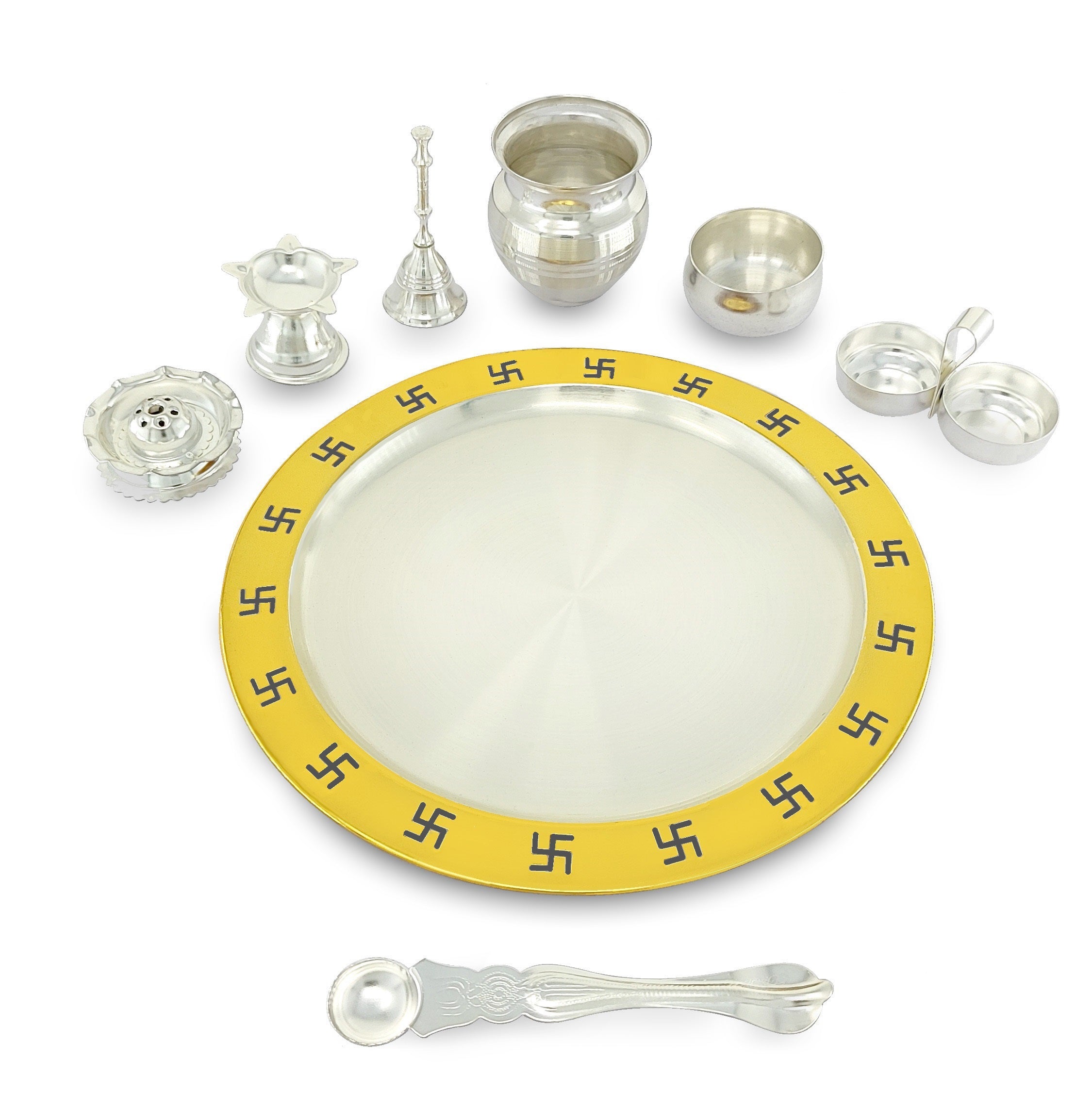 BENGALEN Pooja Thali Set 9 Inch Gold & Silver Plated with Blue Gift Box