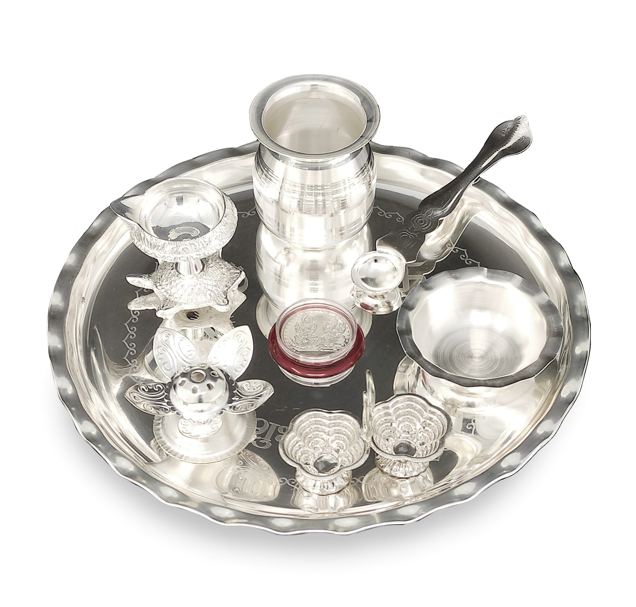 BENGALEN Silver Plated Pooja thali Set 9.5 Inch with Plate Tortoise Diya Haldi Kumkum Stand Kalash Palli Bowl Dhup Dan Puja Thali for Home Mandir Office Diwali Wedding Return Gift Items