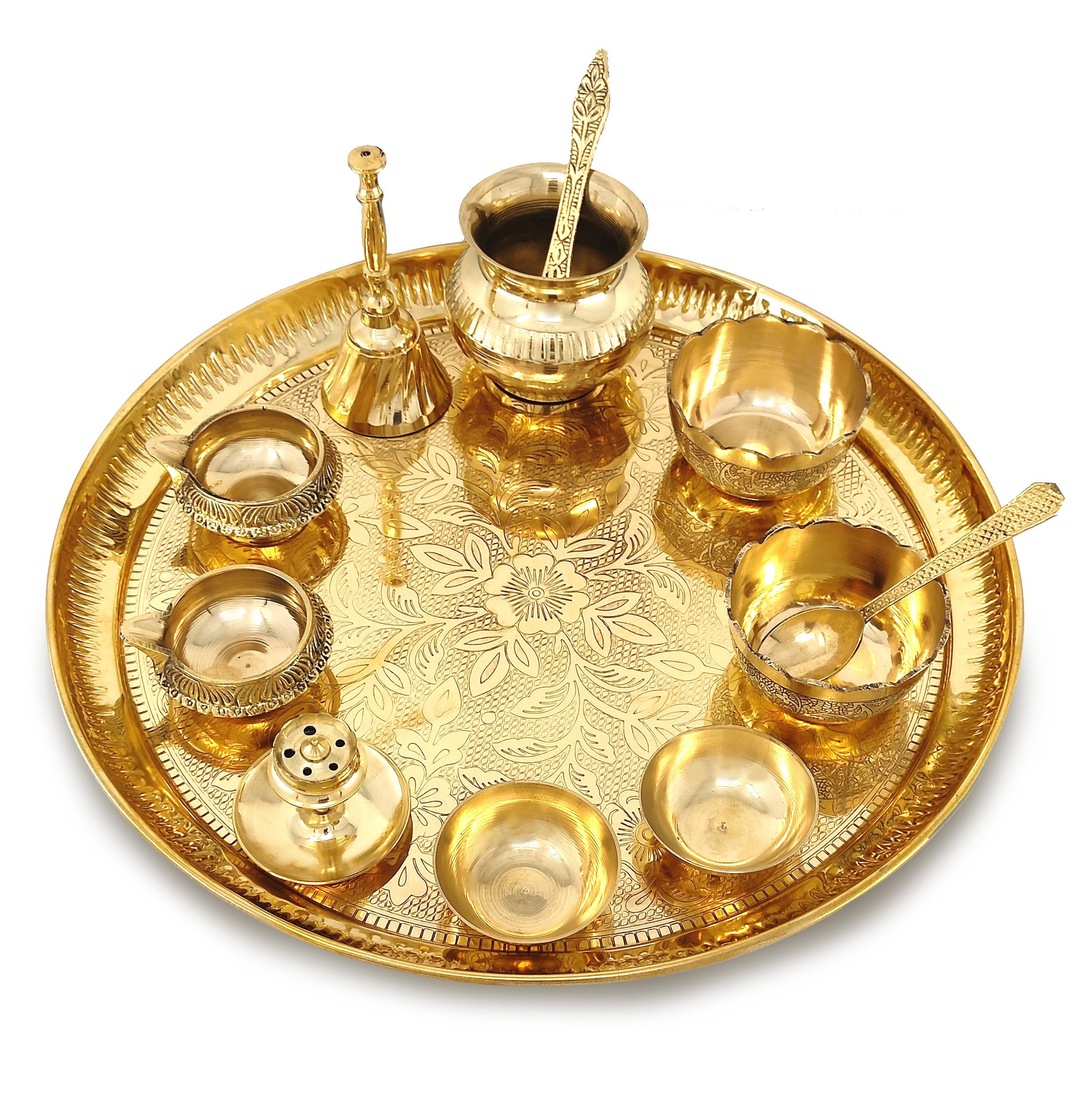 Bengalen Brass Pooja Thali Set 12 Inch with Pital Plate Kalash Bowl Spoon Palli Ghanti Kuber Diya Chandan Wati Dhup Dan Puja Thali for Diwali Home Office Mandir Wedding Return Gift Items