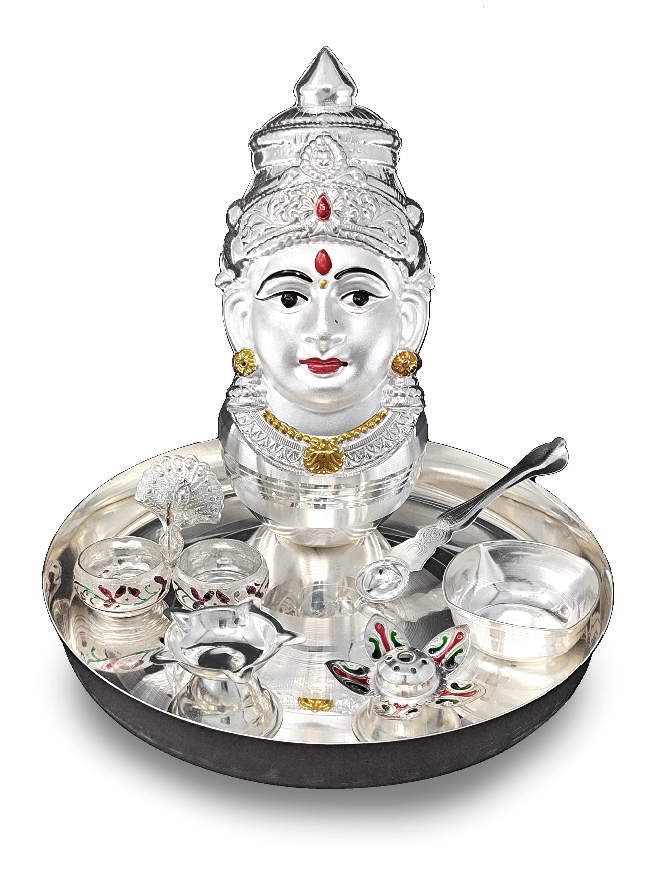 BENGALEN Silver Plated Pooja thali Set with Varalakshmi Devi Mukhota Idol Statue