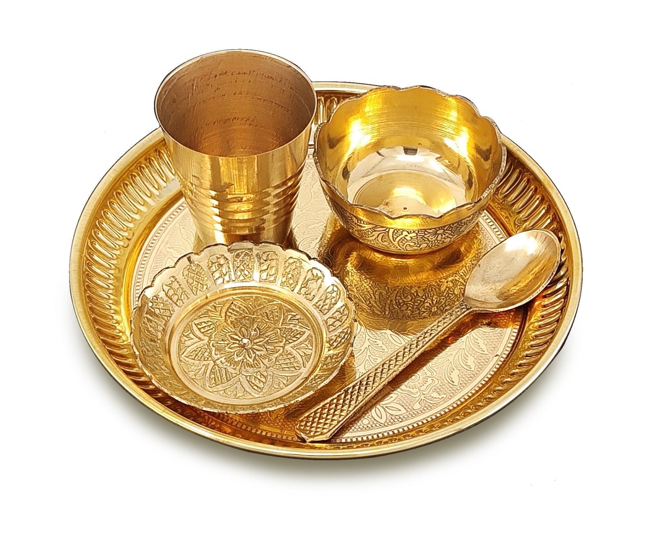 BENGALEN Brass Pooja Bhog Thali Set 6 Inch Puja Thali with Pital Plate Bowl Glass Kangura Plate Spoon Arti Thali for Diwali Home Office Mandir Wedding Return Gift Items