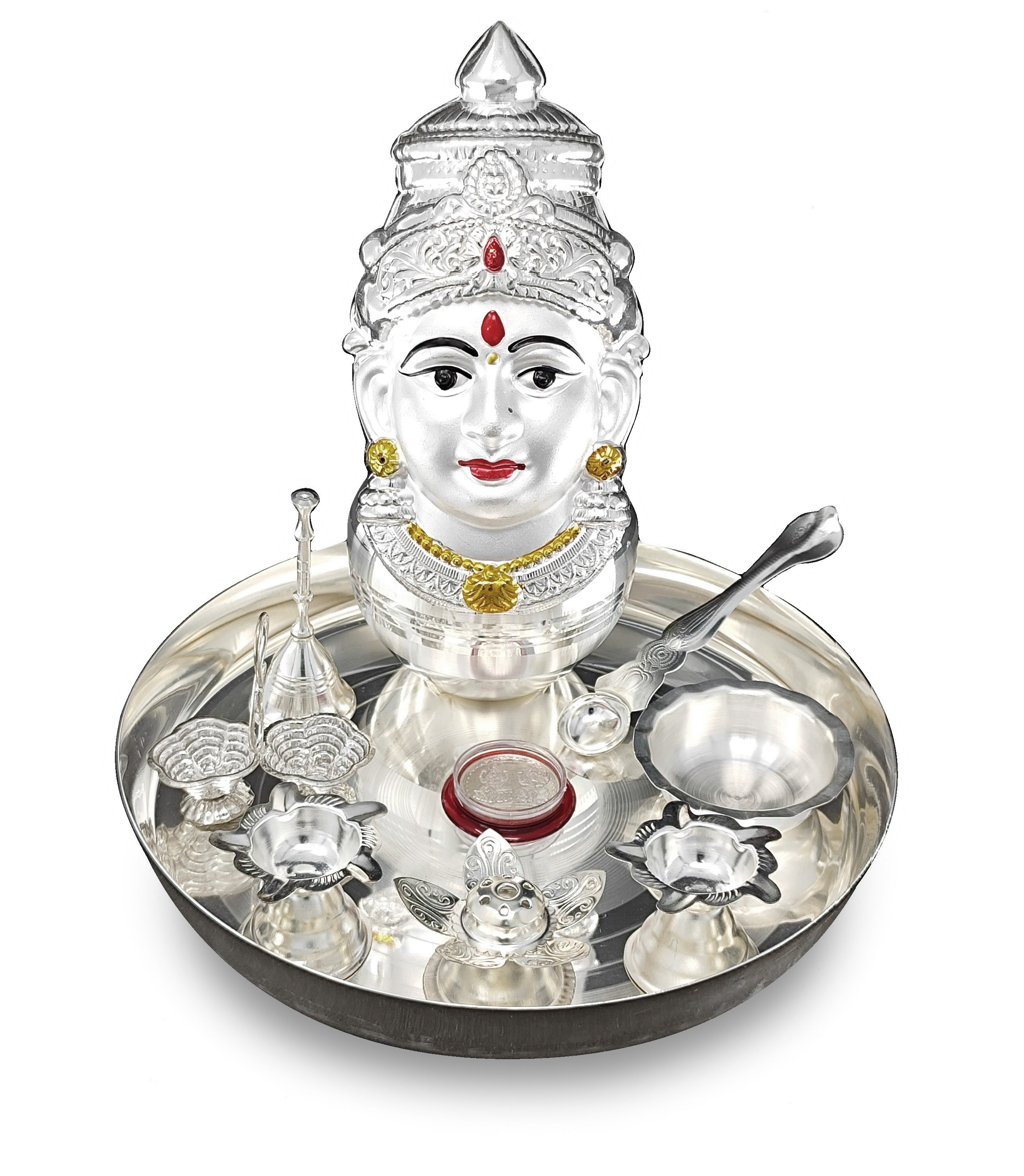 BENGALEN Silver Plated Pooja thali Set with Varalakshmi Devi Mukhota Idol Statue