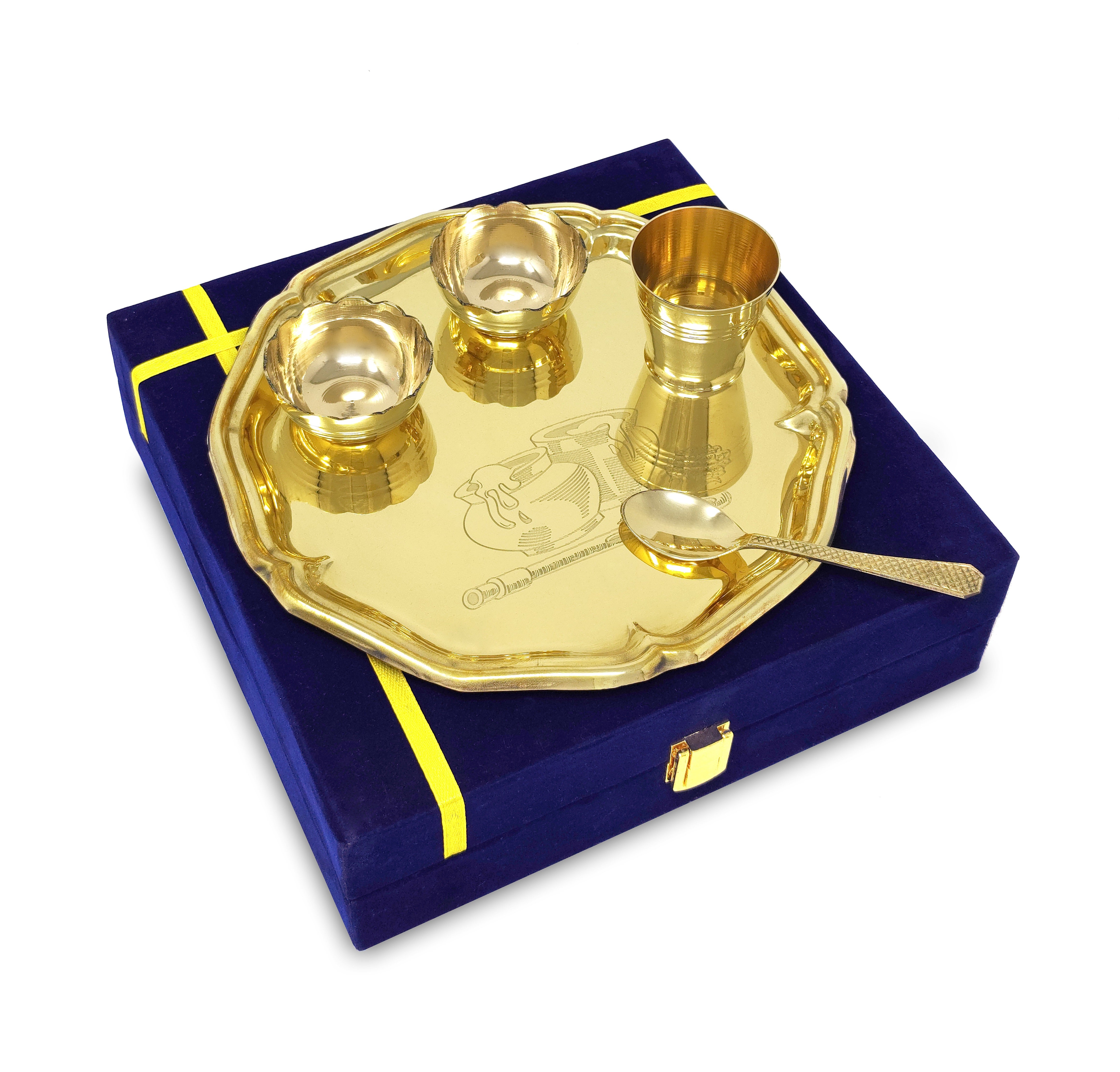 BENGALEN Pooja thali Set Brass Small 8 Inch With Blue Gift Box Laddu Gopal Bhog Thali for Janmashtami Decoration Puja Item Festival Puja Krishna Bhog Thali Set for Home Office Mandir Return Gift Items