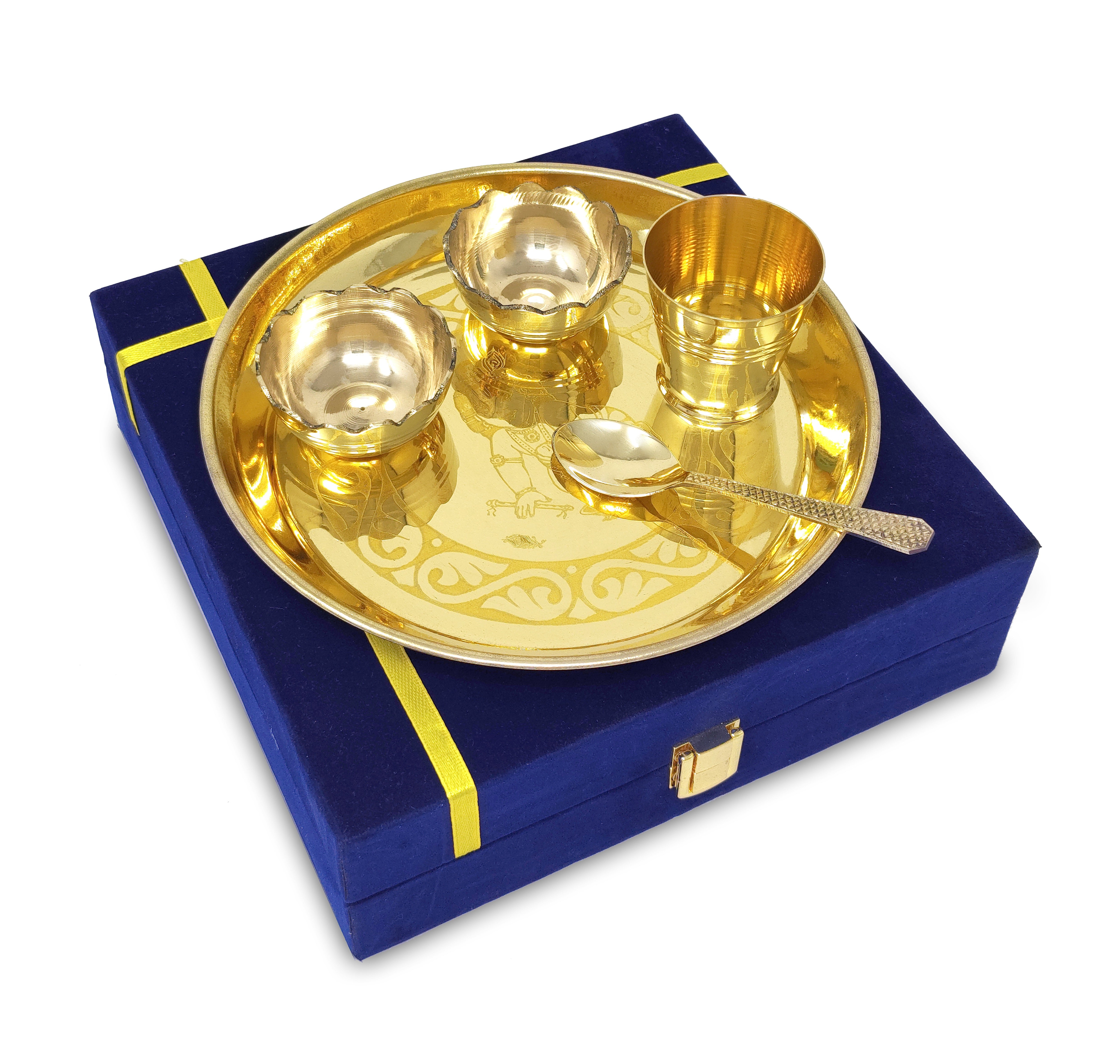 Bengalen Brass Pooja Bhog thali Set 7 Inch With Blue Velvet Gift Box Festival Kanha Krishna Thali Puja Set for Diwali Home Office Mandir Wedding Return Gift Items