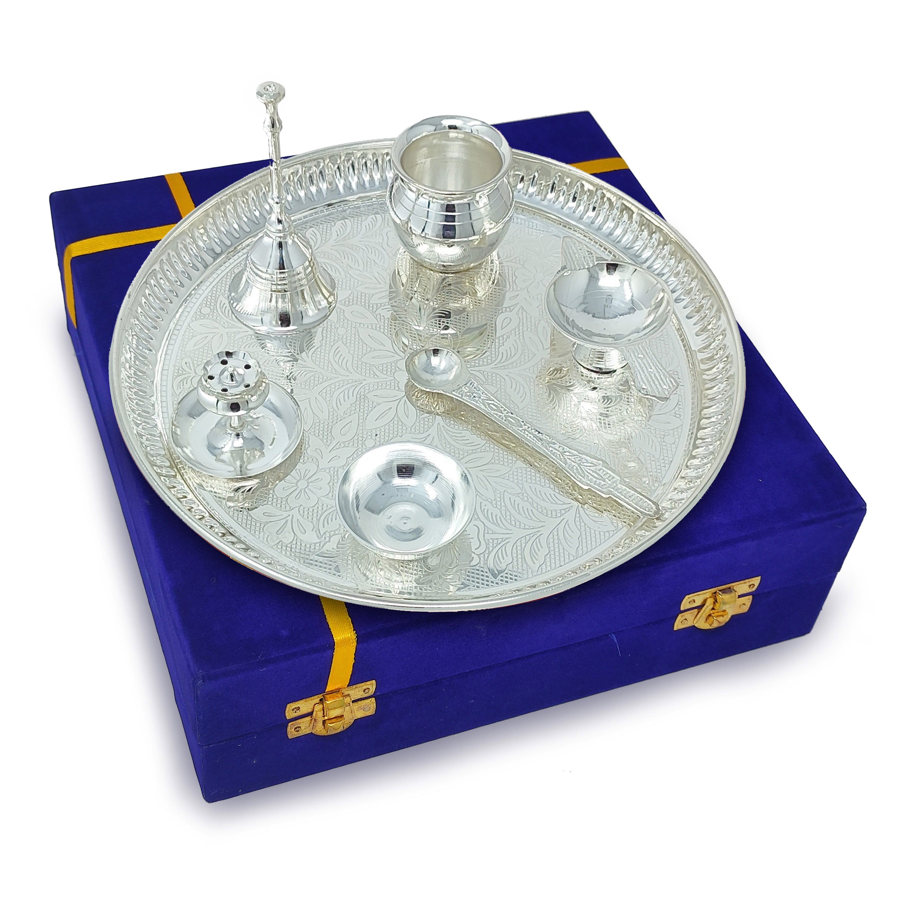 BENGALEN Pooja Thali Set Silver Plated with Blue Gift Box Designed 8 Inch Puja Plate Kalash Bowl Ghanti Spoon Dhup Dan Diya for Home Office Diwali Wedding Return Gift Items