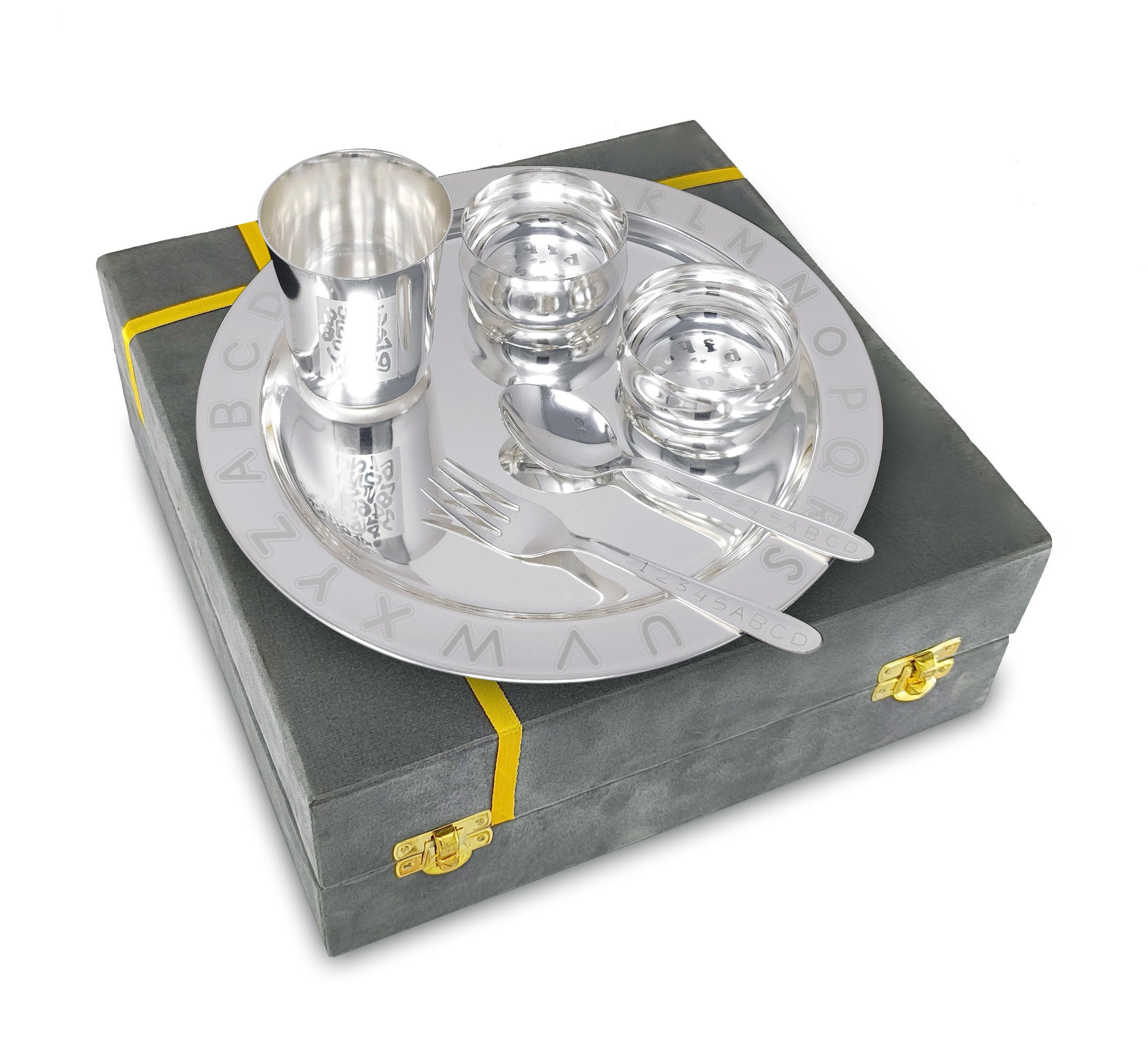 Bengalen Silver Plated Baby Dinner Set With Gray Velvet Box for Gift Rice Ceremony Annaprashan Sanskar for Boys Girls Kids Birthday Return Festive Gift Items