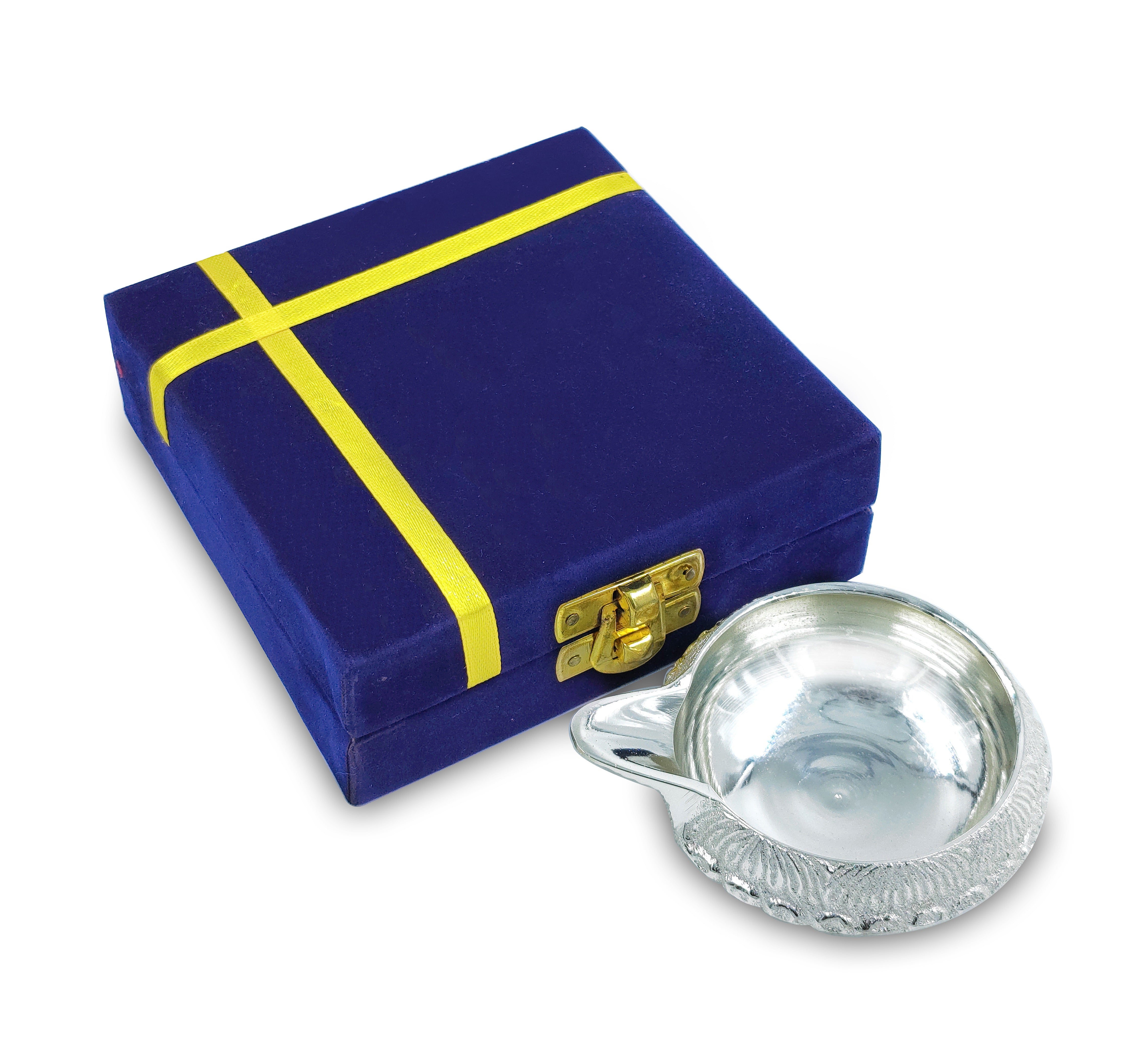BENGALEN Silver Plated Diya with Blue Velvet Gift Box Kuber Dia Pooja Items Diwali Decoration Puja Gifts Handmade Oil Lamp Traditional Indian Deepawali Gift Items
