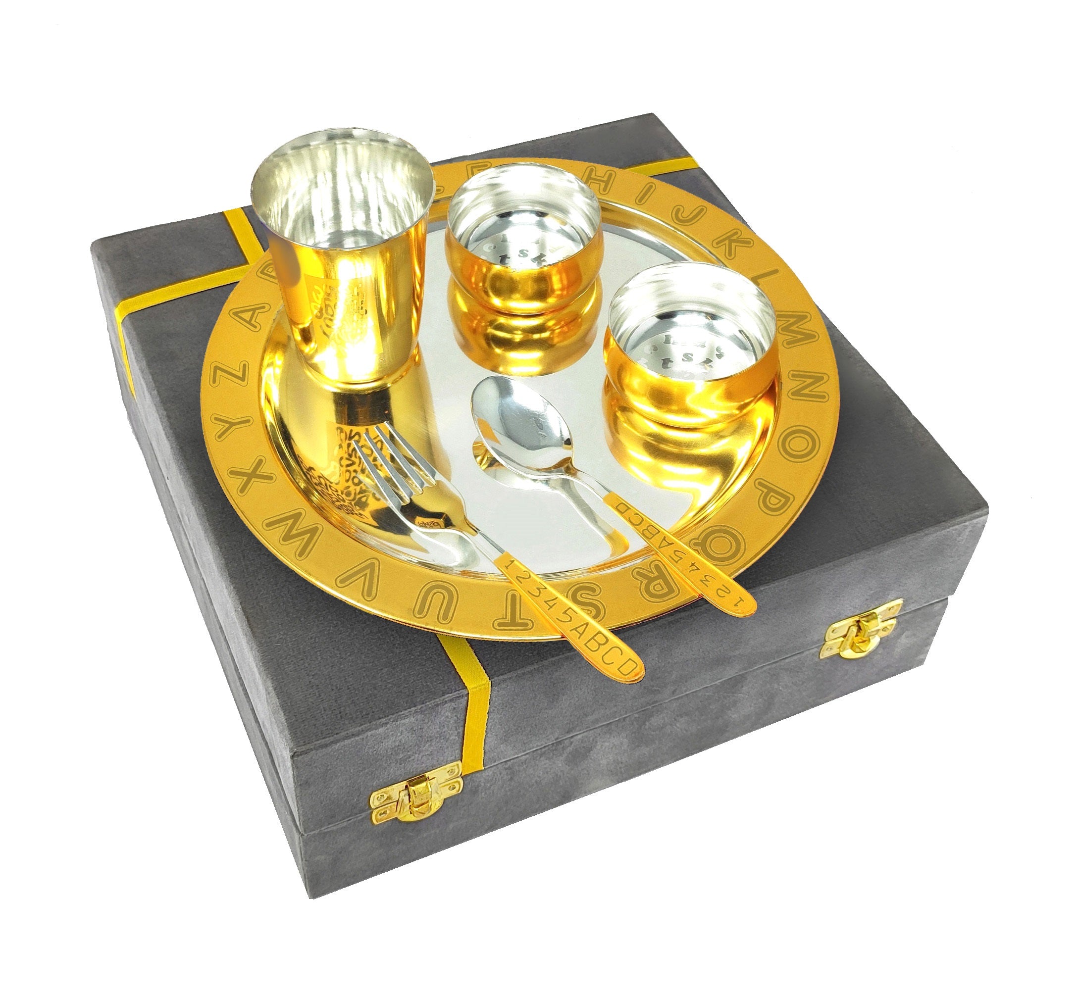 Bengalen Gold & Silver Plated Baby Dinner Set With Gray Velvet Box for Gift Rice Ceremony Annaprashan Sanskar for Boys Girls Kids Birthday Return Festive Gift Items