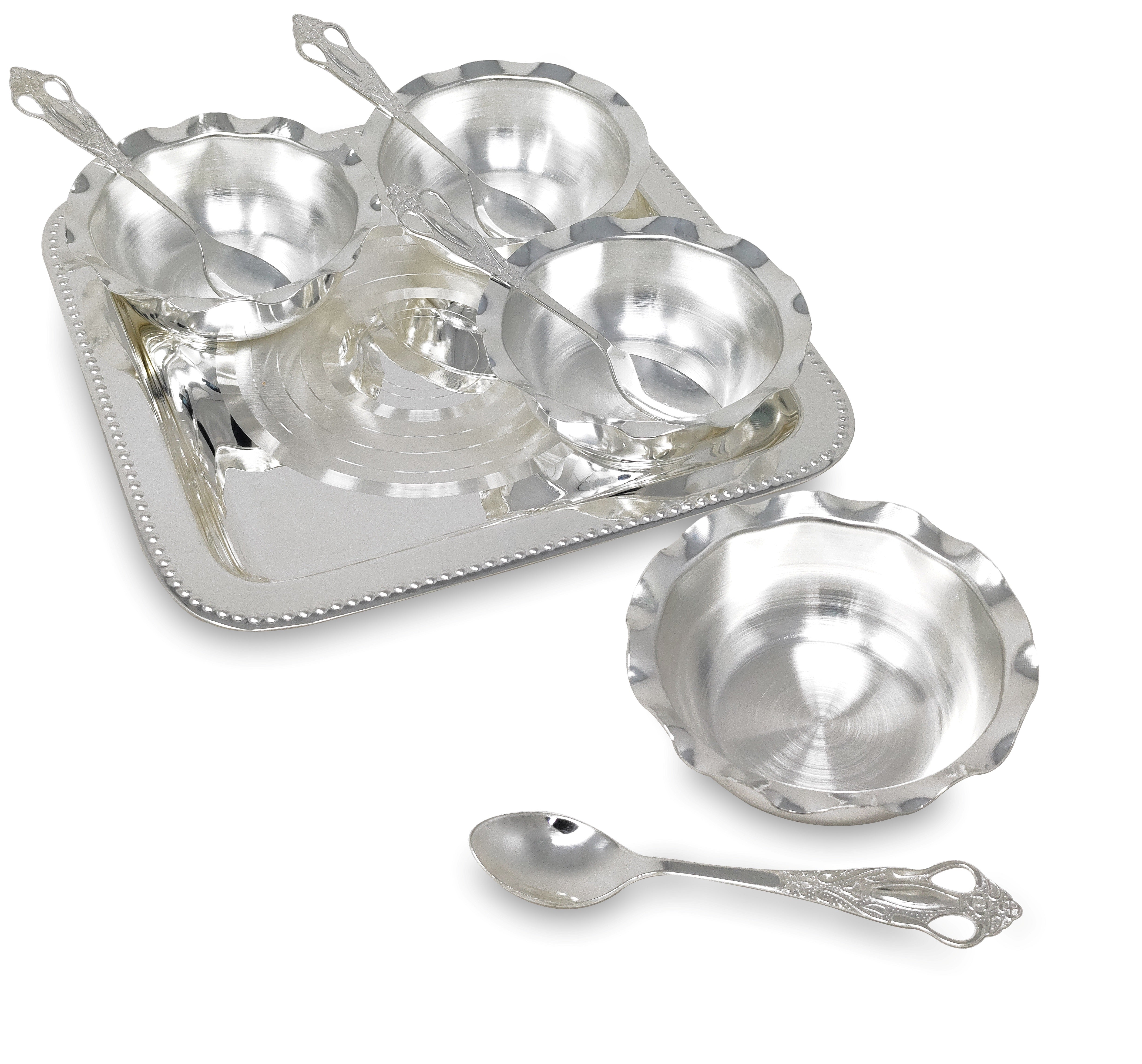 BENGALEN Bowl Spoon Tray Set Silver Plated Dessert Dry Fruits Ice Cream Serving Diwali Christmas Eid Wedding Return Gifts Friends Family Home Decoration Housewarming Corporate Gift Items