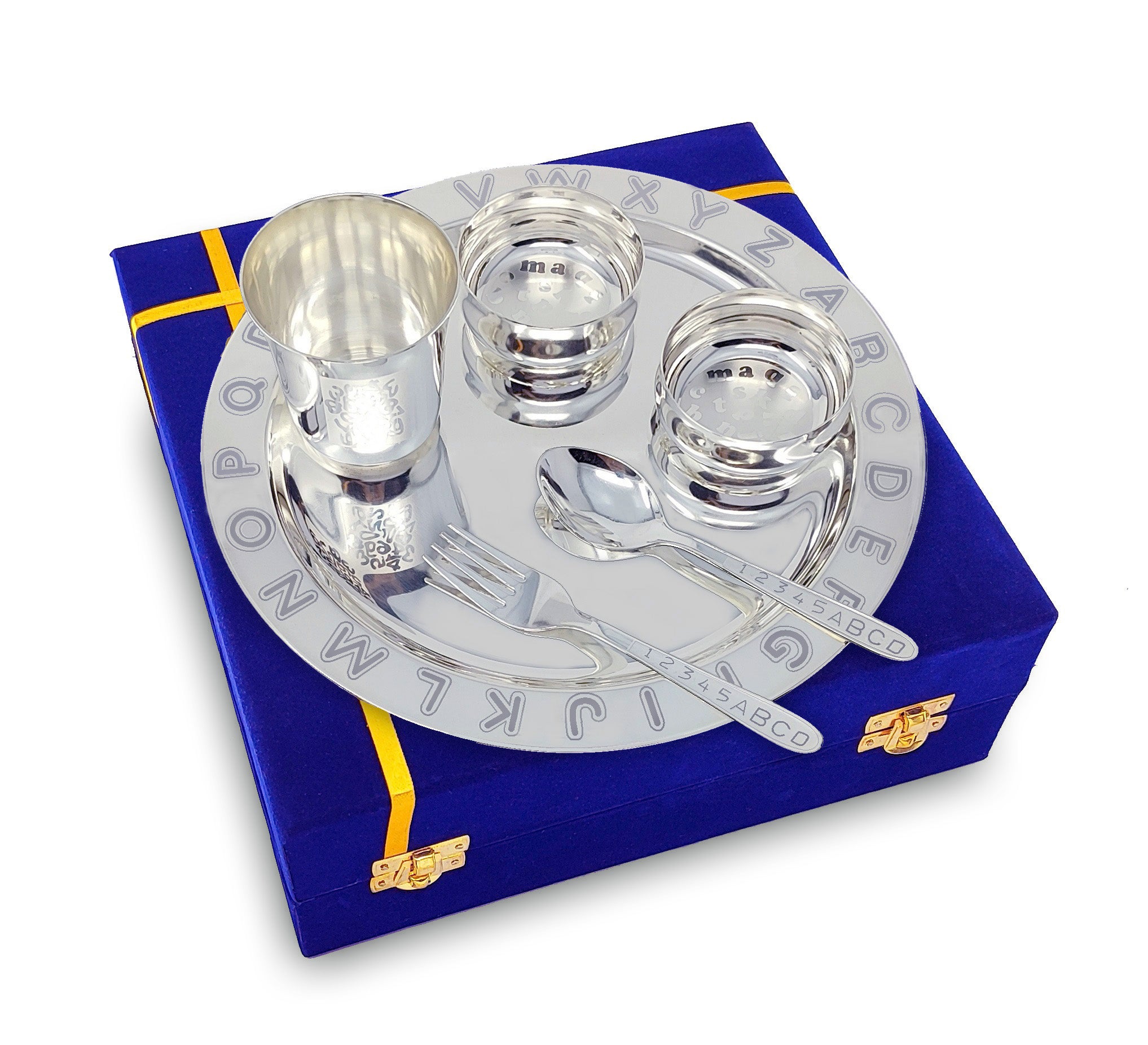 Bengalen Silver Plated Baby Dinner Set With Blue Velvet Box for Gift Rice Ceremony Annaprashan Sanskar for Boys Girls Kids Birthday Return Festive Gift Items