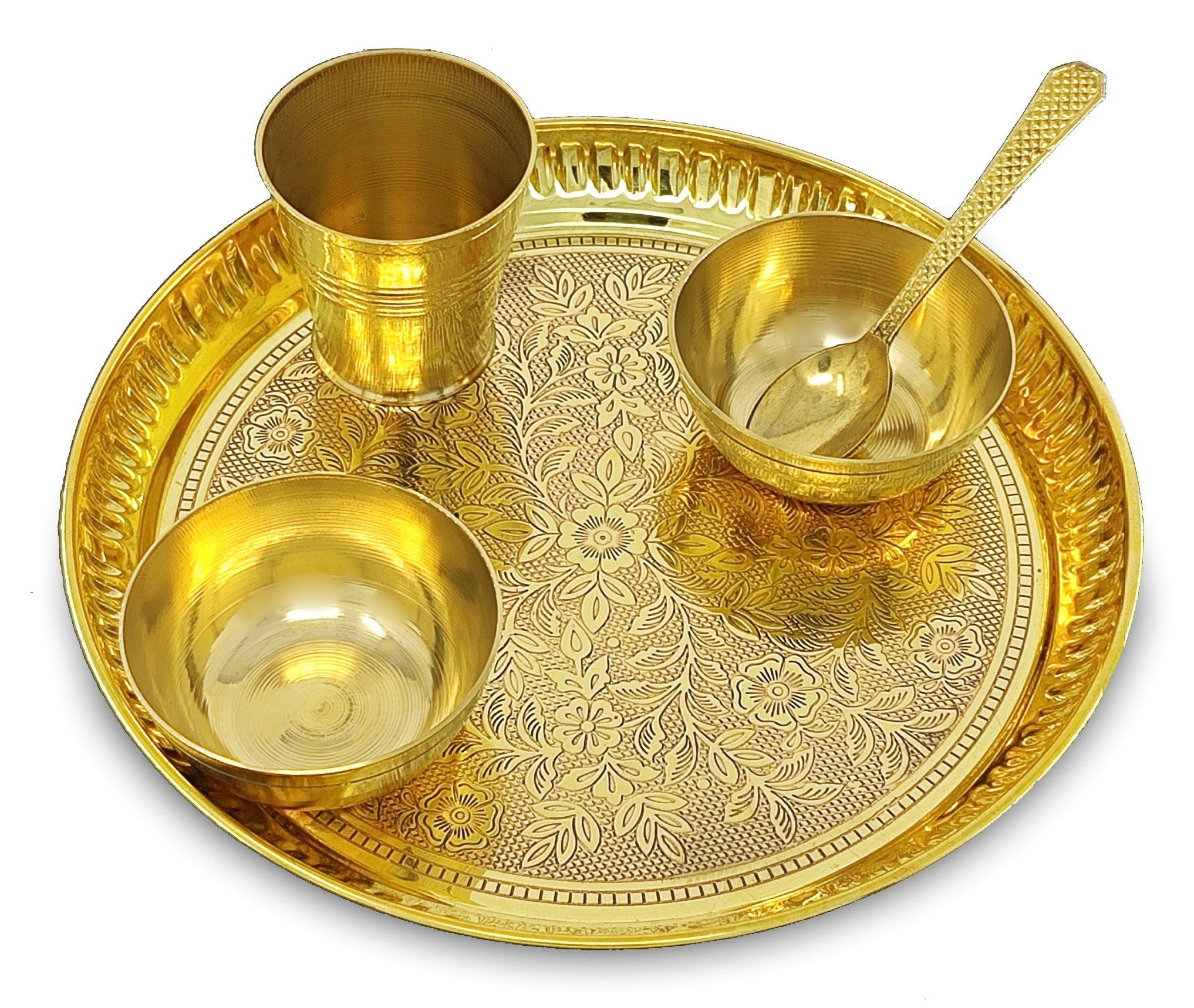 BENGALEN Brass Pooja Bhog Thali Set 8 Inch Puja Bhog Thali with Pital Plate Bowl Glass Spoon Arti Thali for Diwali Home Office Mandir Wedding Return Gift Items