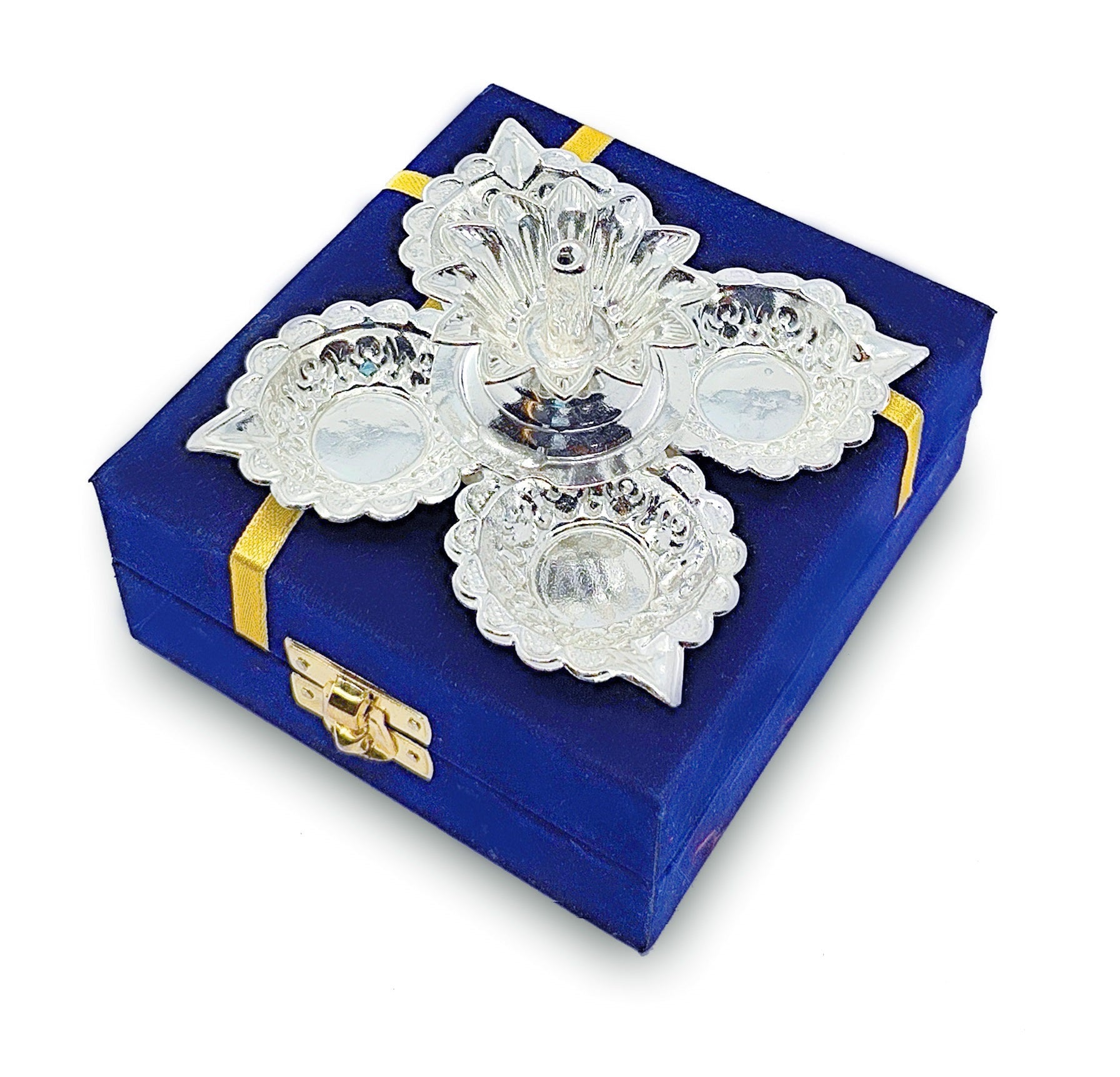 BENGALEN Silver Plated Panchmukhi Diya with Blue Velvet Gift Box Pooja Items Diwali Decoration Puja Gifts Handmade Gift Items
