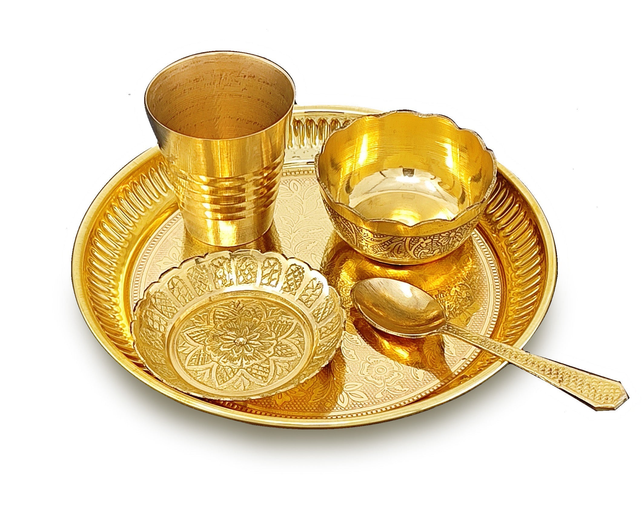 BENGALEN Brass Pooja Bhog Thali Set 6 Inch Puja Thali with Pital Plate Bowl Glass Kangura Plate Spoon Arti Thali for Diwali Home Office Mandir Wedding Return Gift Items