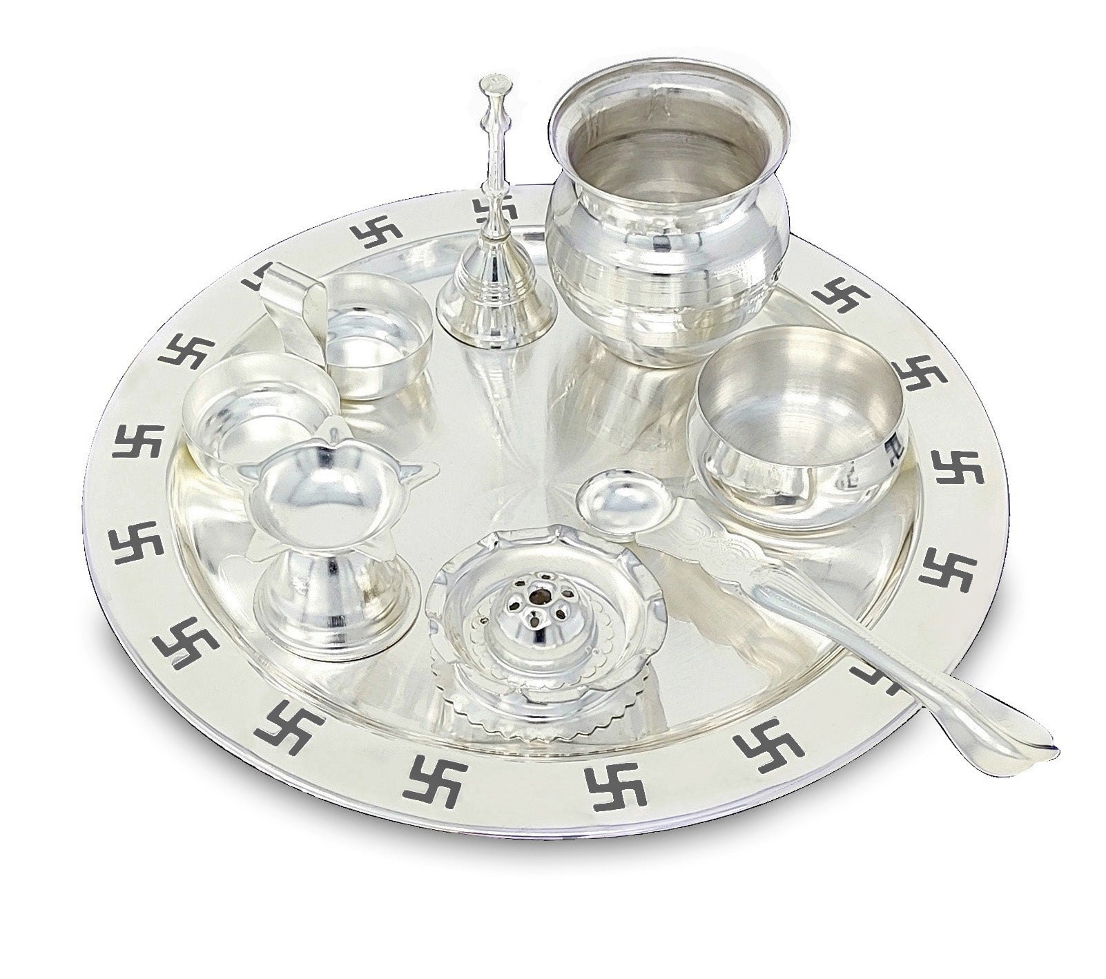 BENGALEN Pooja Thali Set 9 Inch Silver Plated with Gray Gift Box