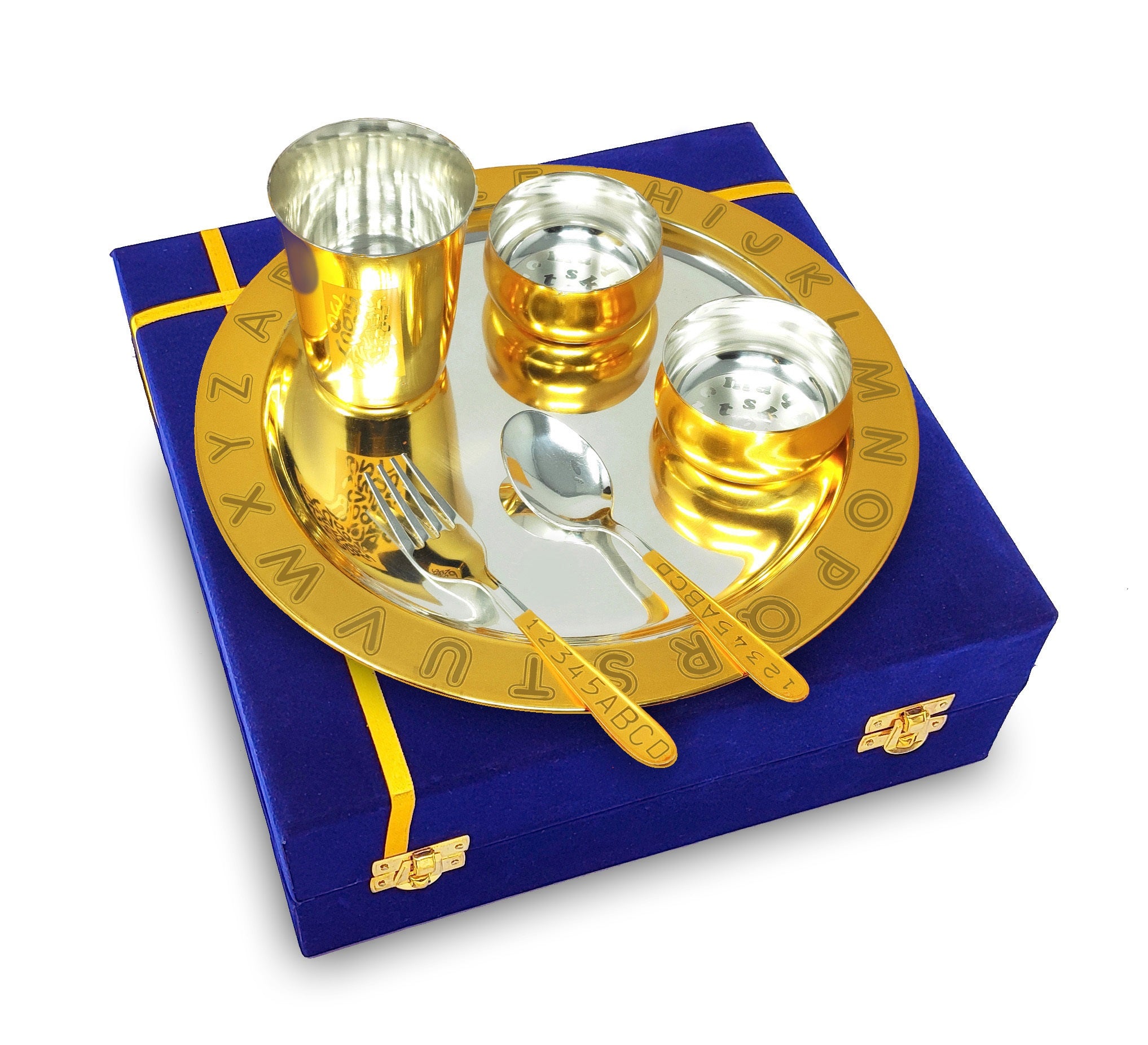 Bengalen Gold & Silver Plated Baby Dinner Set With Blue Velvet Box for Gift Rice Ceremony Annaprashan Sanskar for Boys Girls Kids Birthday Return Festive Gift Items