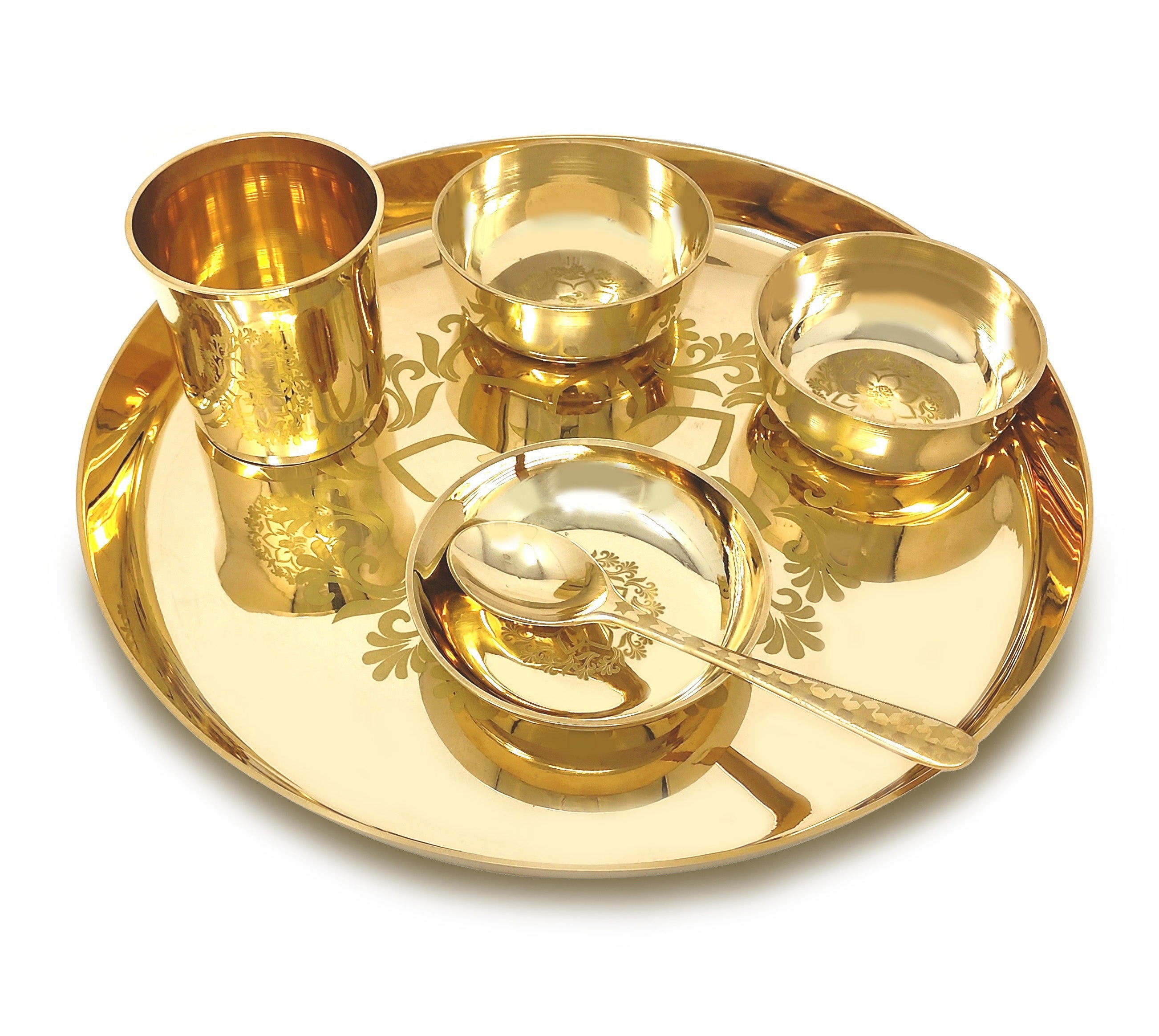 BENGALEN Brass Dinner Set 12 Inch Flower Design for Daily Use Annaprashan Sanskar Rice Ceremony Gift for Girls Boys Kids Adlut Festive Birthday Return Home Decorative Gifts Items