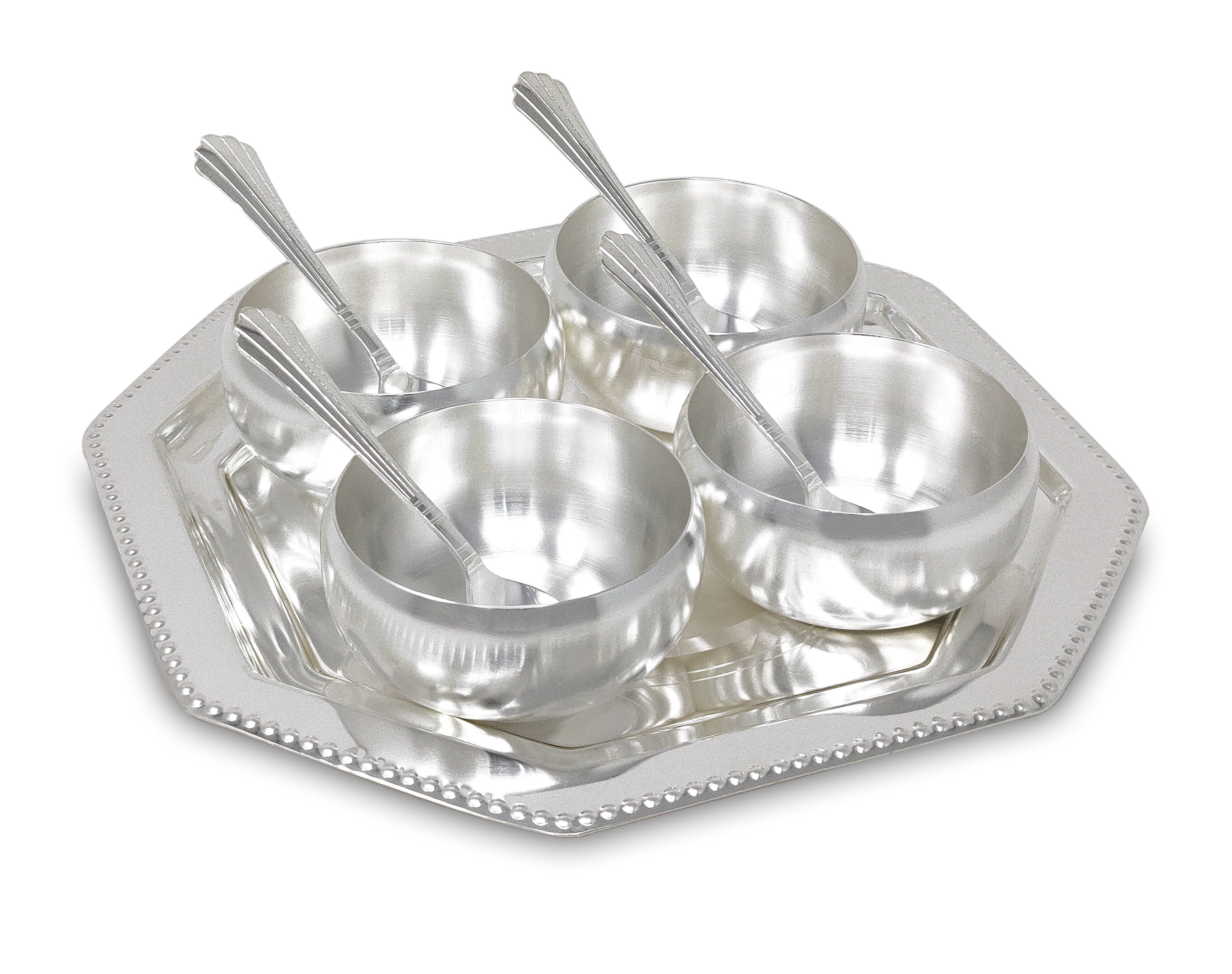 BENGALEN Bowl Spoon Tray Set Silver Plated Dessert Dry Fruits Ice Cream Serving Diwali Christmas Eid Wedding Return Gifts Friends Family Home Decoration Housewarming Corporate Gift Items