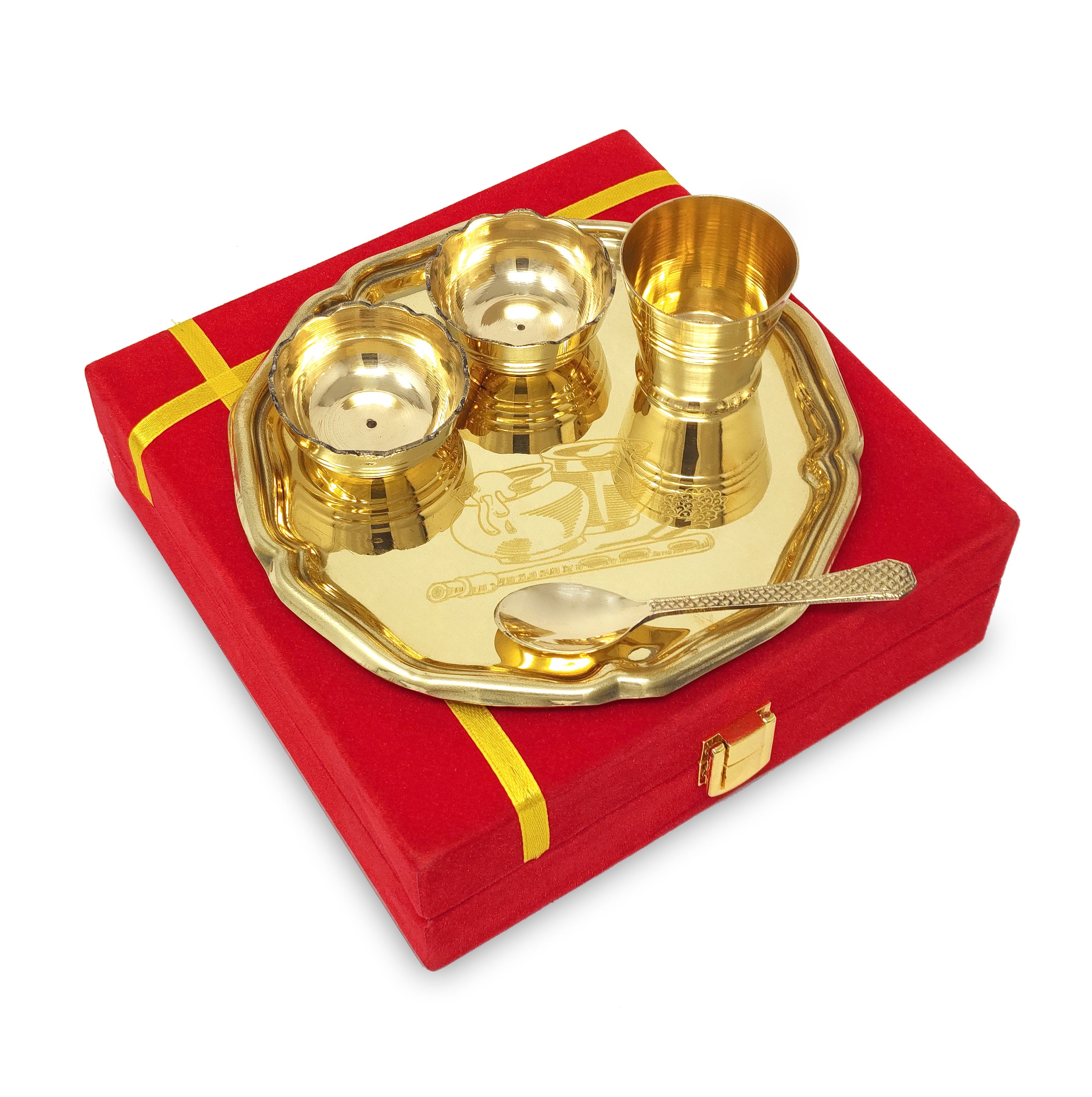 BENGALEN Pooja thali Set Brass Small 6 Inch With Red Gift Box Laddu Gopal Bhog Thali for Janmashtami Decoration Puja Item Festival Puja Krishna Bhog Thali Set for Home Office Mandir Return Gift Items