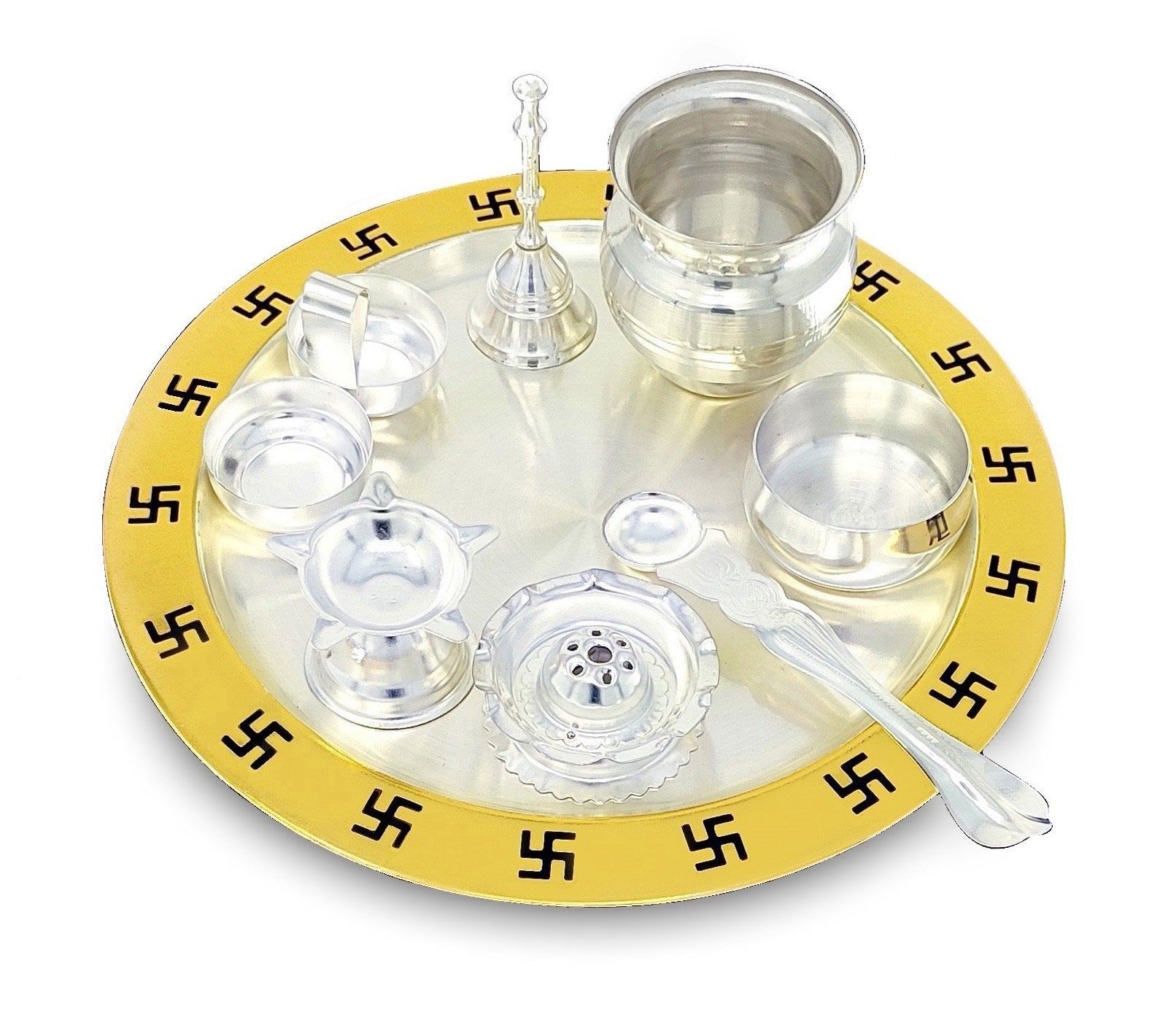 BENGALEN Pooja Thali Set 9 Inch Gold & Silver Plated with Red Gift Box